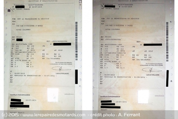 A gauche la carte grise de la 1ère Multistrada française de 160 cv, à droite celle de la première remise en configuration libre A gauche la carte grise de la 1ère Multistrada française de 160 cv, à droite celle de la première remise en configuration libre