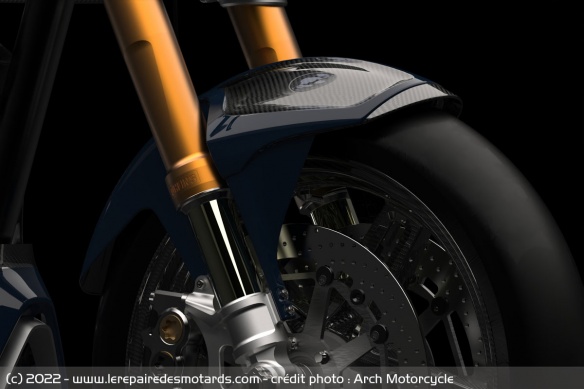 La fourche inversée Öhlins FRGT de l'Arch Motorcycle 1S