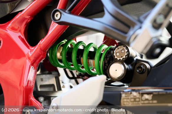 L'amortisseur Showa de la version standard est remplacé par un élément Öhlins sur la ES L'amortisseur Showa de la version standard est remplacé par un élément Öhlins sur la ES