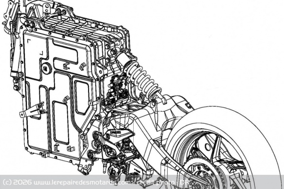Le moteur vient se positionner derrière l'axe du bras oscillant Le moteur vient se positionner derrière l'axe du bras oscillant