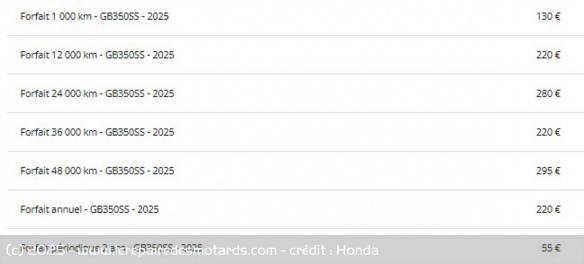 Intervalles et coût de maintenance de la Honda GB350S