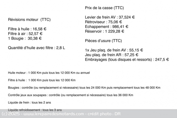 Les coûts d'entretien de la Honda CB1000 Hornet