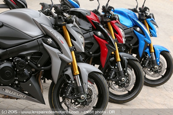 Coloris Suzuki GSX S 1000 : gris, rouge, bleu
