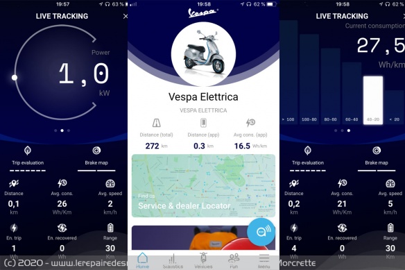 Les écrans et informations de l'application mobile Vespa Mia