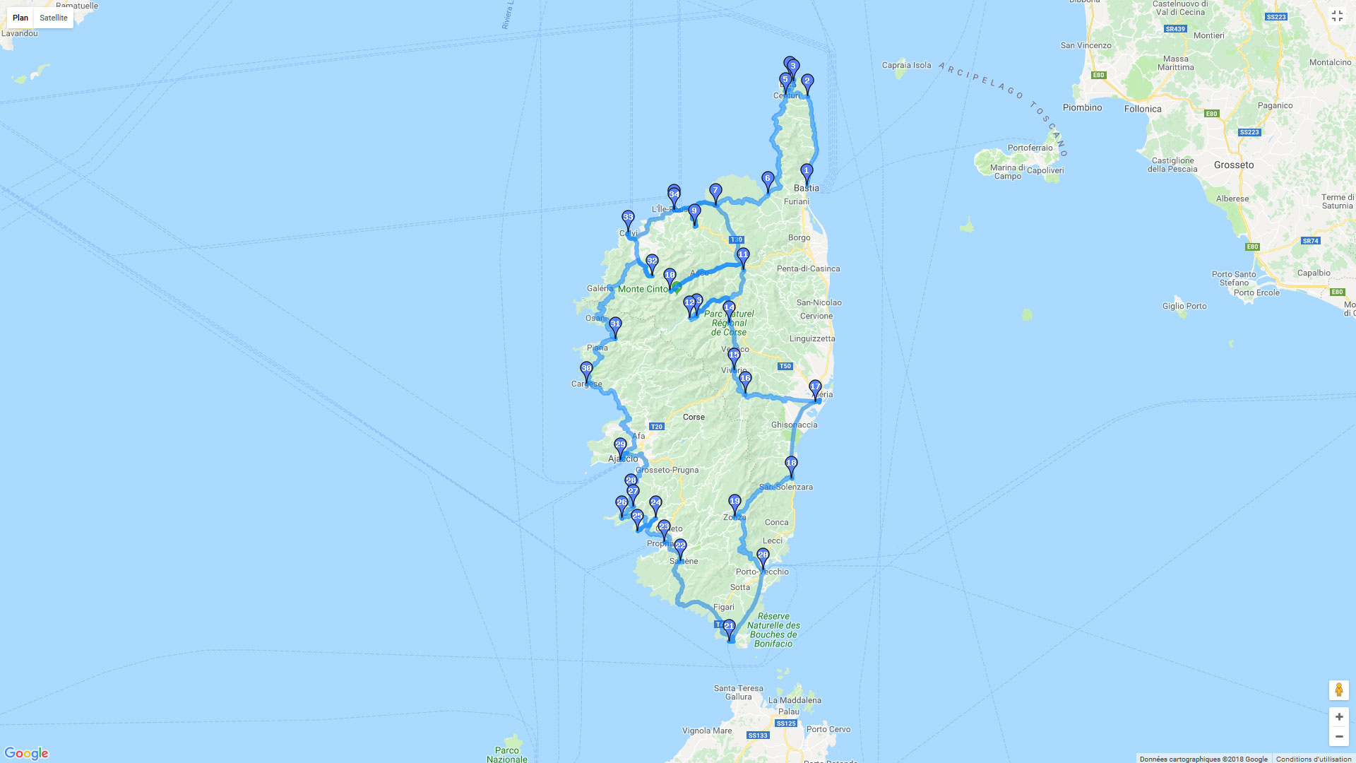 Pour zoomer sur la carte et avoir plus de détails, connectez-vous ! Carte roadbook Tour de Corse