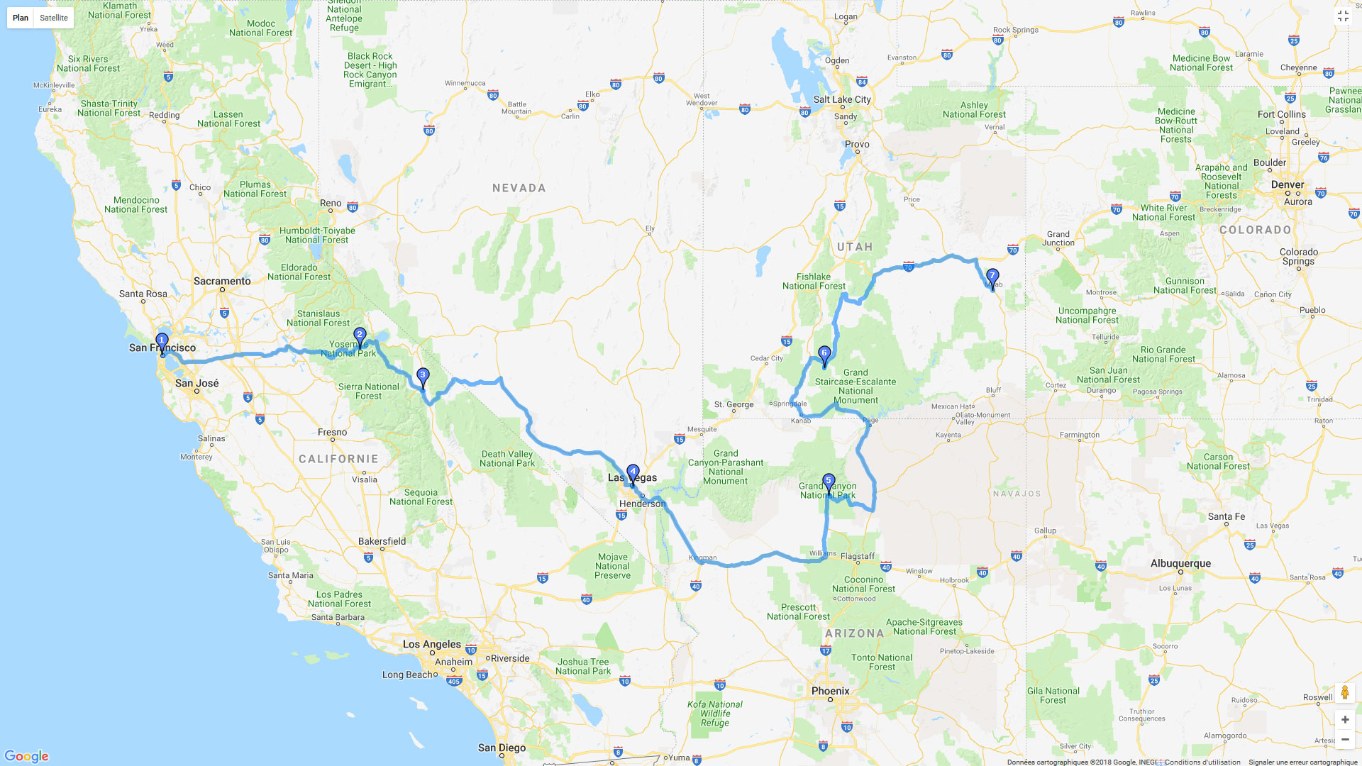 Pour zoomer sur la carte et avoir plus de détails, connectez-vous ! Carte roadbook Ouest USA