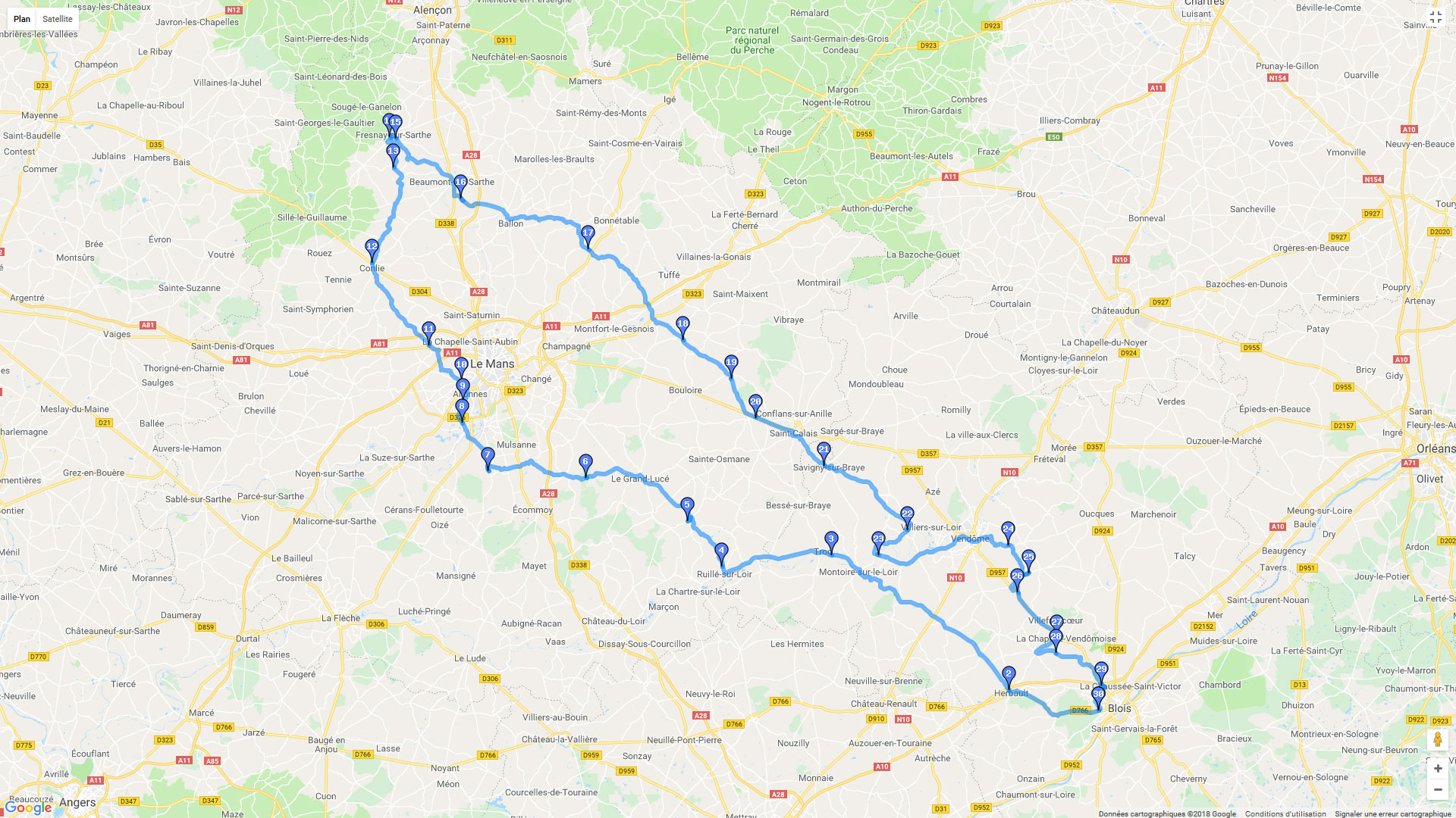 Pour zoomer sur la carte et avoir plus de détails, connectez-vous ! Carte roadbook Blois - Alpes Mancelles - Blois