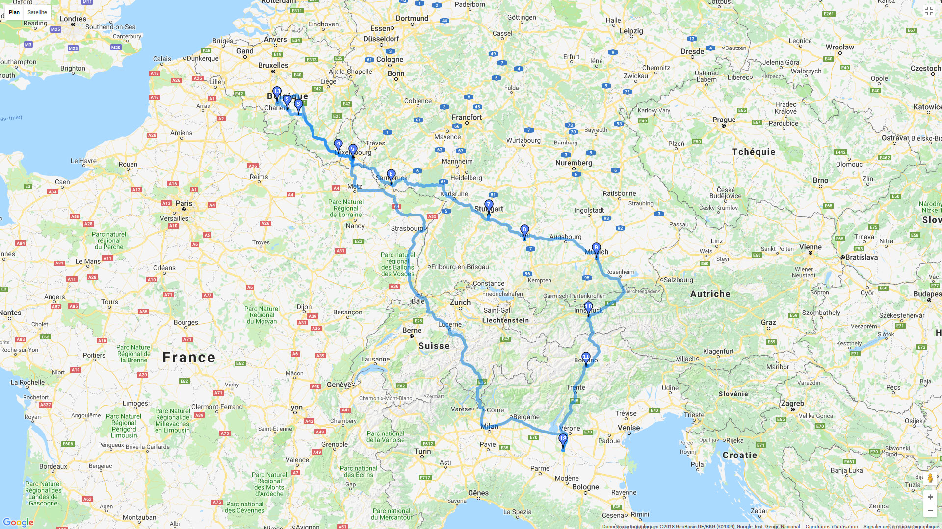 Pour zoomer sur la carte et avoir plus de détails, connectez-vous ! Carte roadbook Charleroi - Mantova