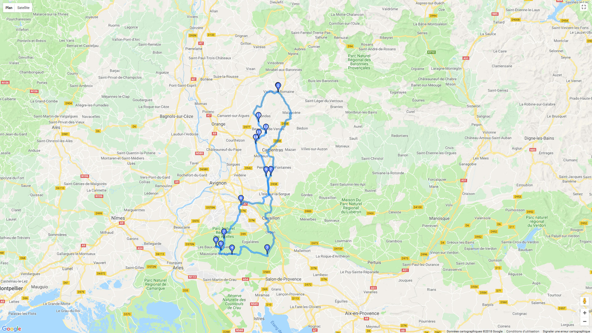 Pour zoomer sur la carte et avoir plus de détails, connectez-vous ! Carte roadbook Vaison la Romaine vers Les Baux