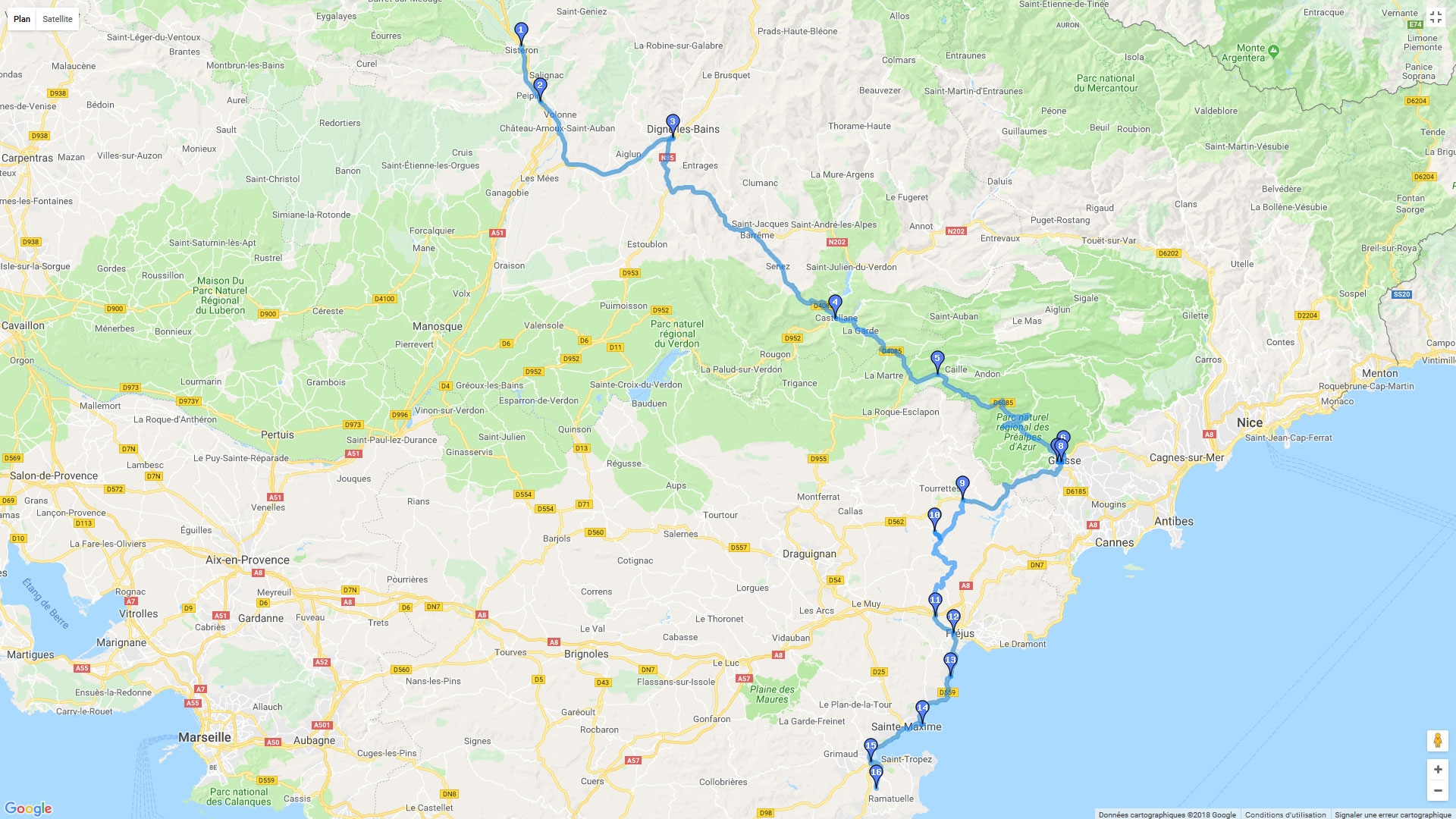 Pour zoomer sur la carte et avoir plus de détails, connectez-vous ! Carte roadbook Sisteron - Saint Tropez