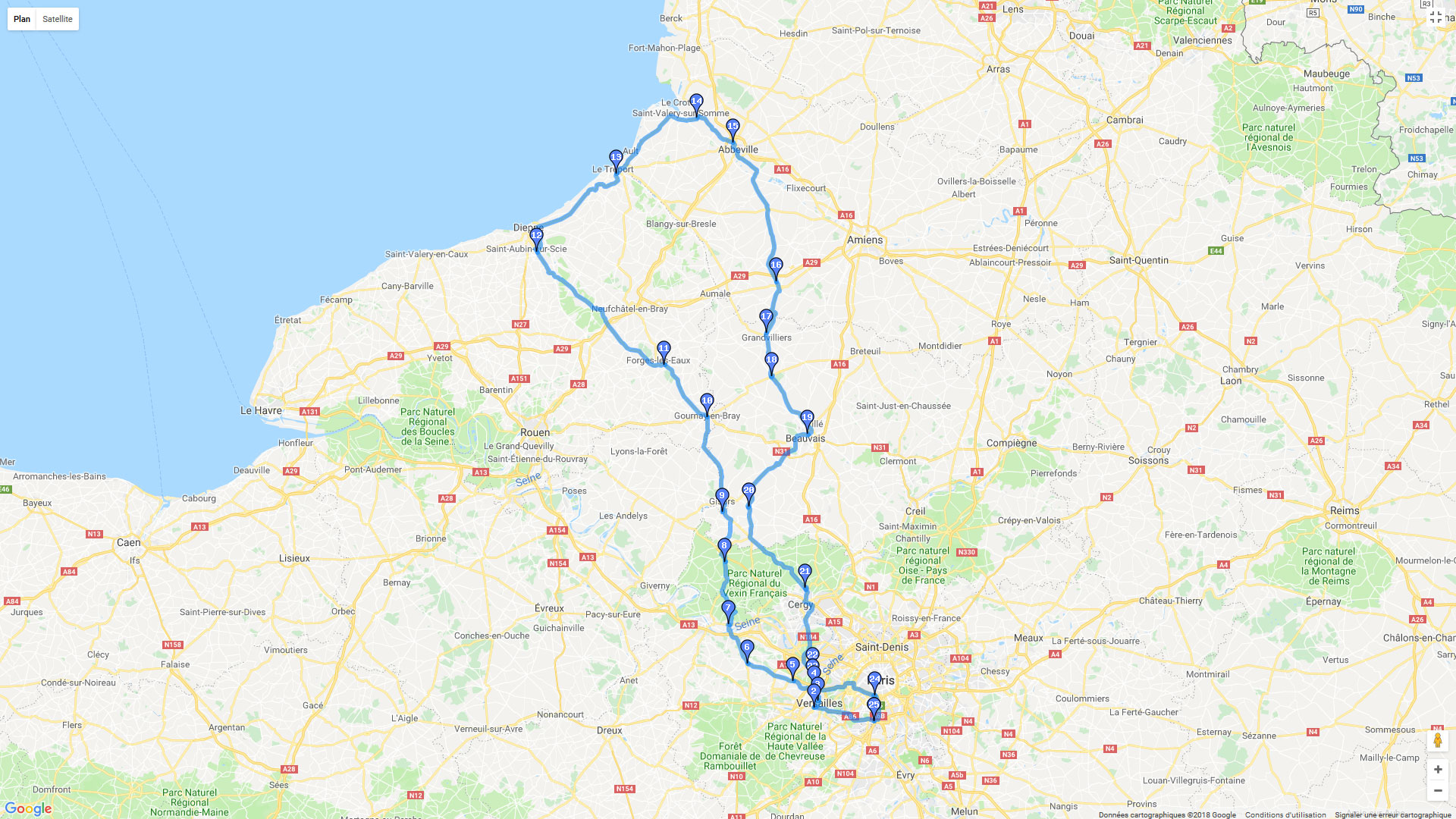 Pour zoomer sur la carte et avoir plus de détails, connectez-vous ! Carte roadbook Paris/ Saint Valery-sur-Somme