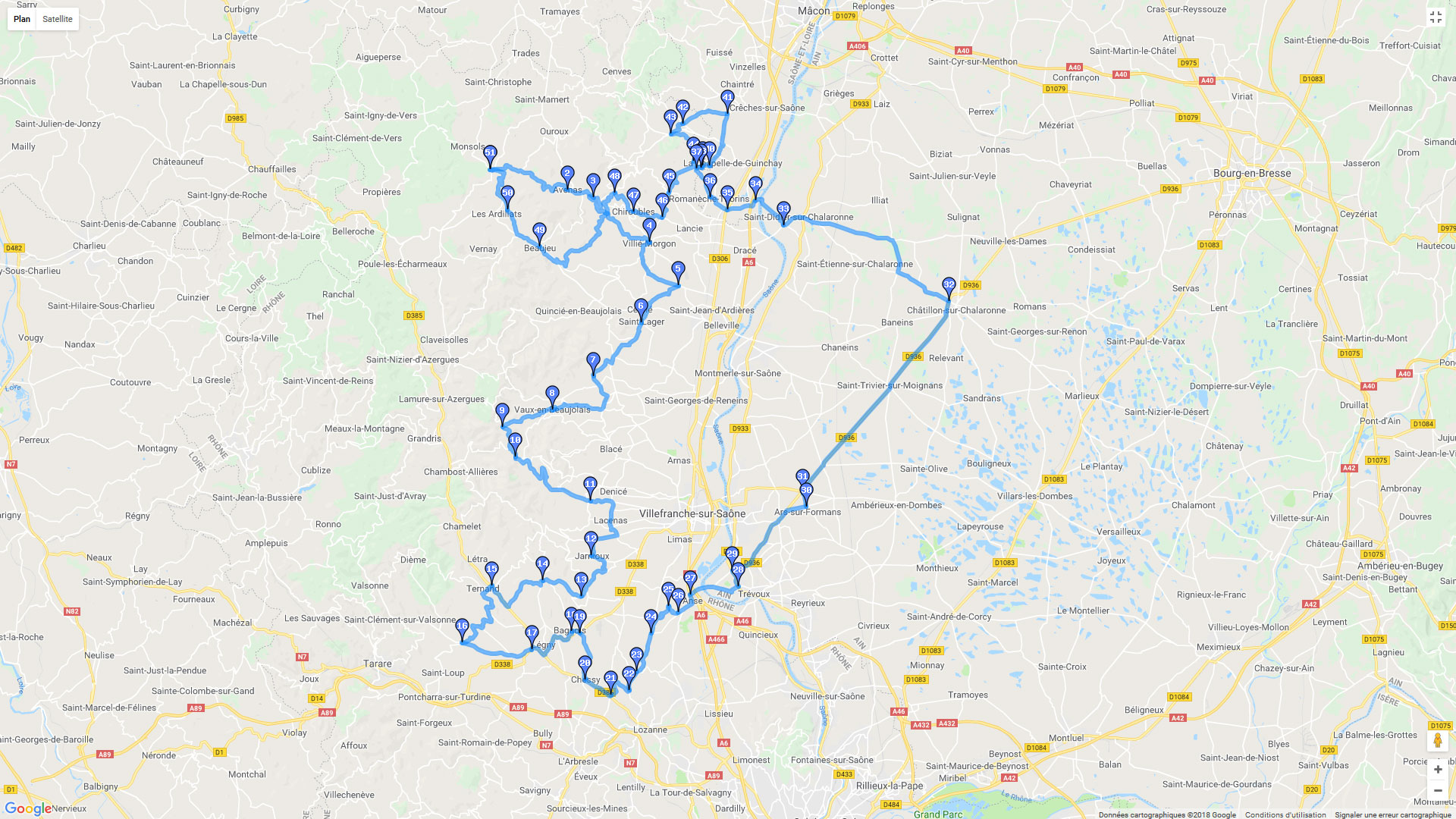 Pour zoomer sur la carte et avoir plus de détails, connectez-vous ! Carte roadbook Le vignoble Beaujolais et les étangs de la Dombes