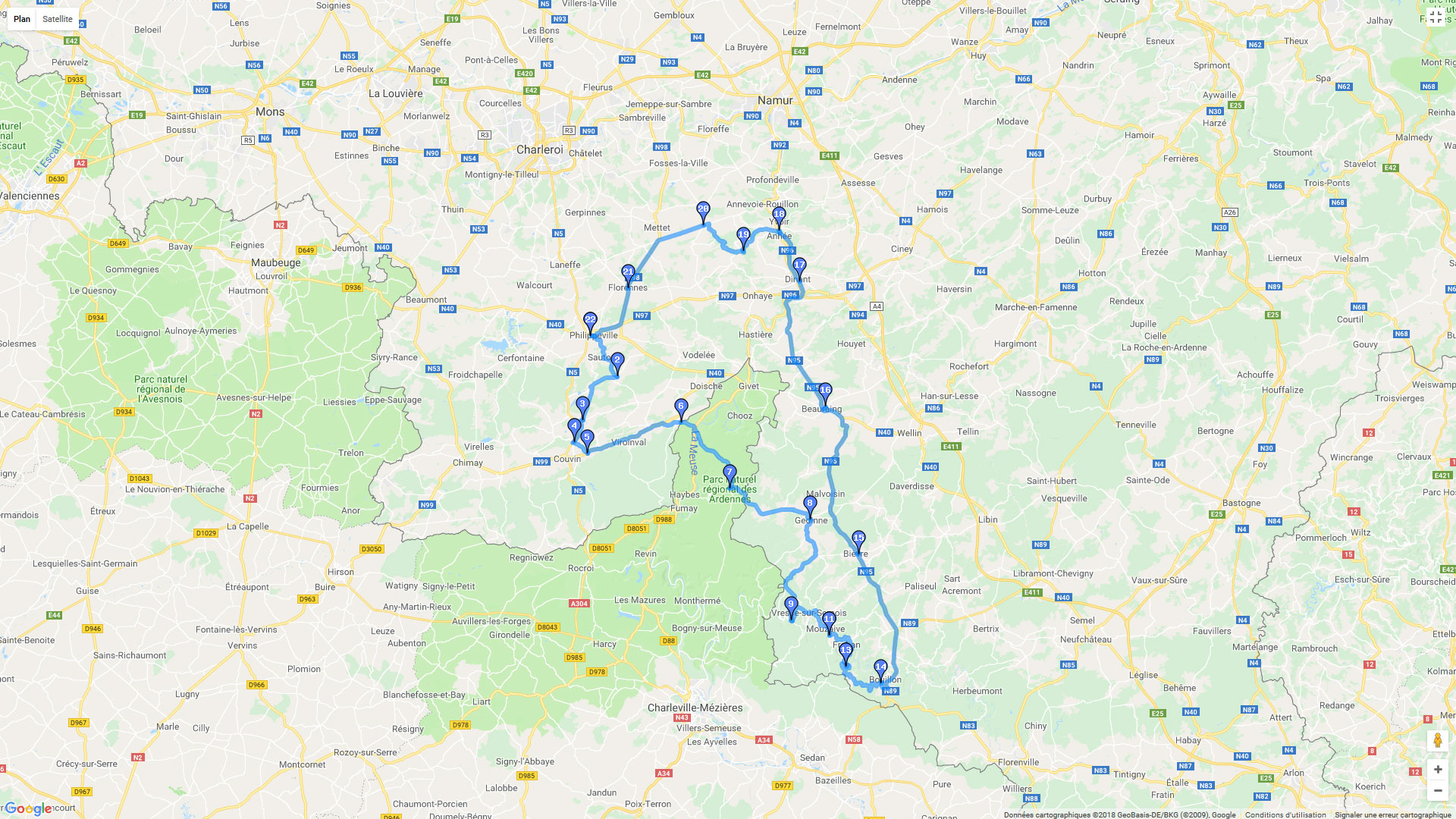Pour zoomer sur la carte et avoir plus de détails, connectez-vous ! Carte roadbook Boucle des Ardennes