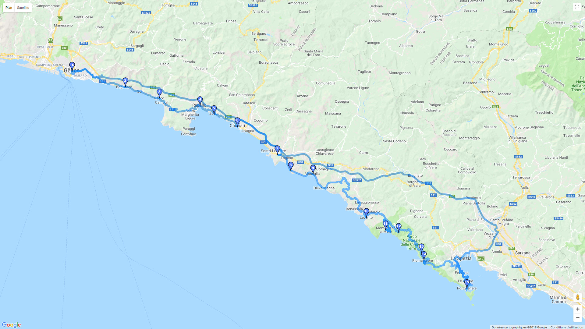 Pour zoomer sur la carte et avoir plus de détails, connectez-vous ! Carte roadbook Les Cinq Terres