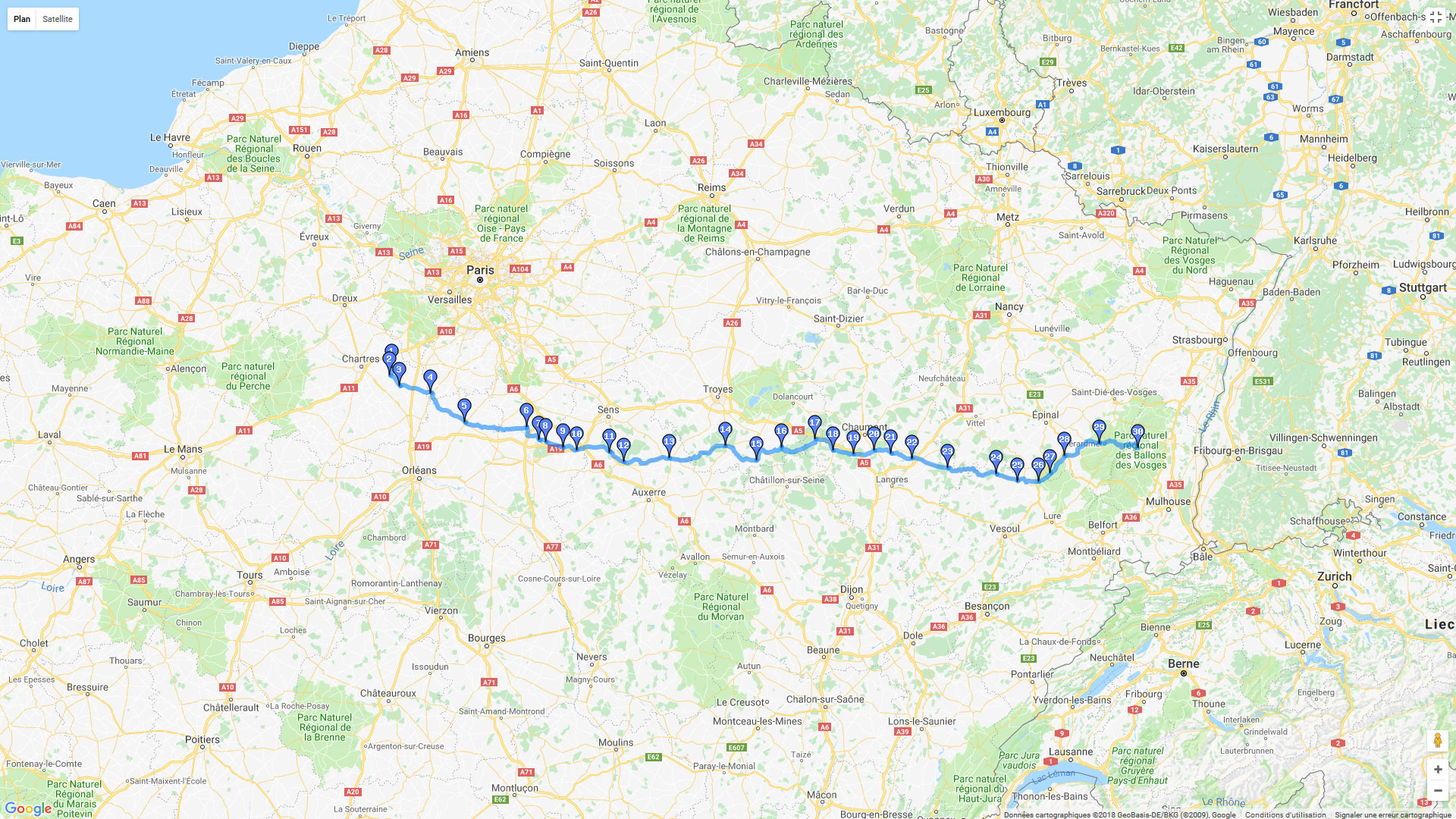 Pour zoomer sur la carte et avoir plus de détails, connectez-vous ! Carte roadbook De l'Eure-et-Loir à l'Alsace