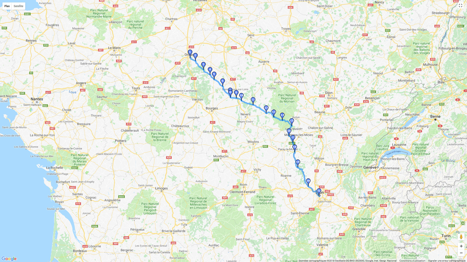 Pour zoomer sur la carte et avoir plus de détails, connectez-vous ! Carte roadbook Orléans - Lyon