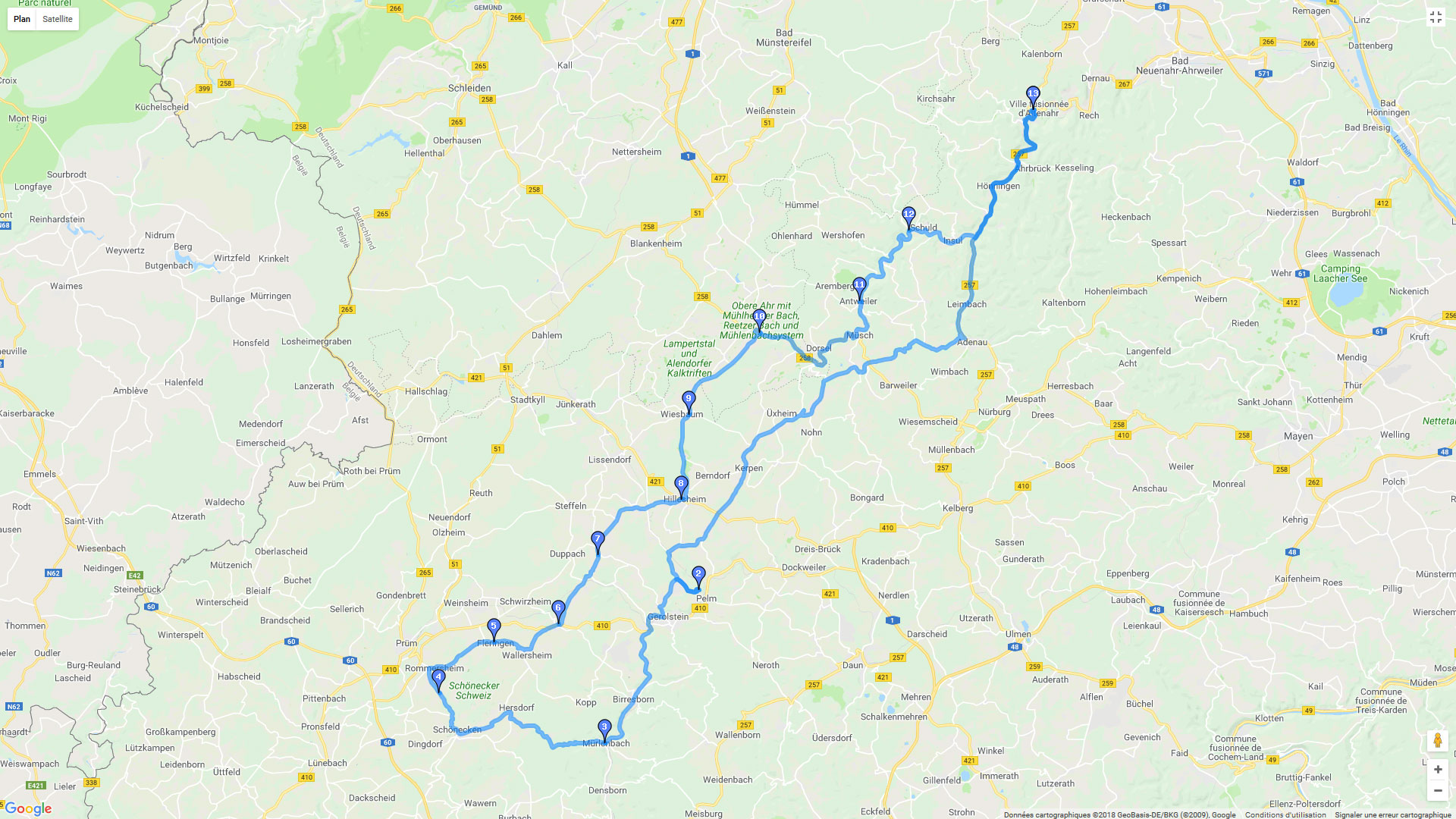 Pour zoomer sur la carte et avoir plus de détails, connectez-vous ! Carte roadbook Ruines au sud d'Altenahr