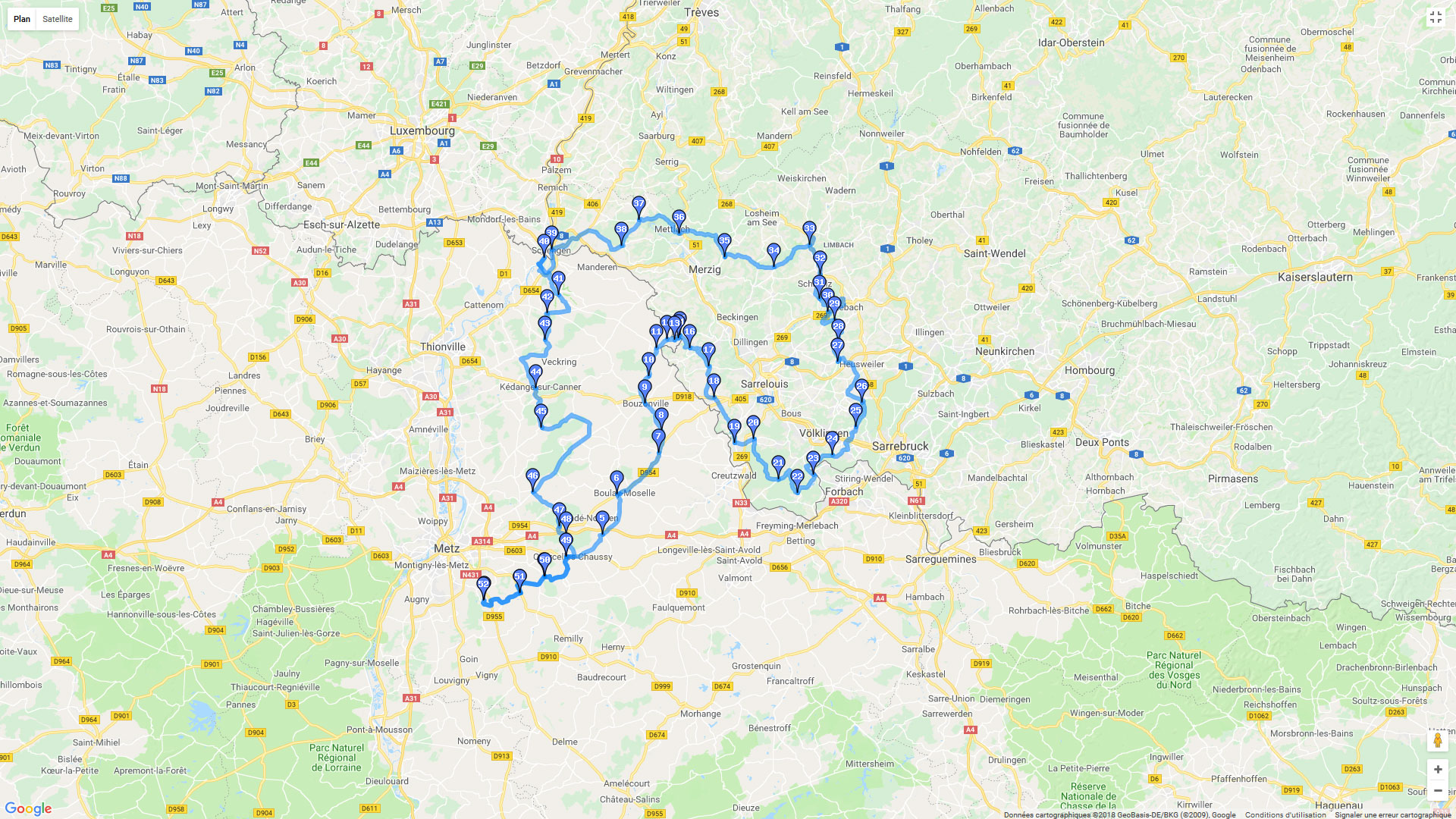 Pour zoomer sur la carte et avoir plus de détails, connectez-vous ! Carte roadbook Moselle Est - Allemagne