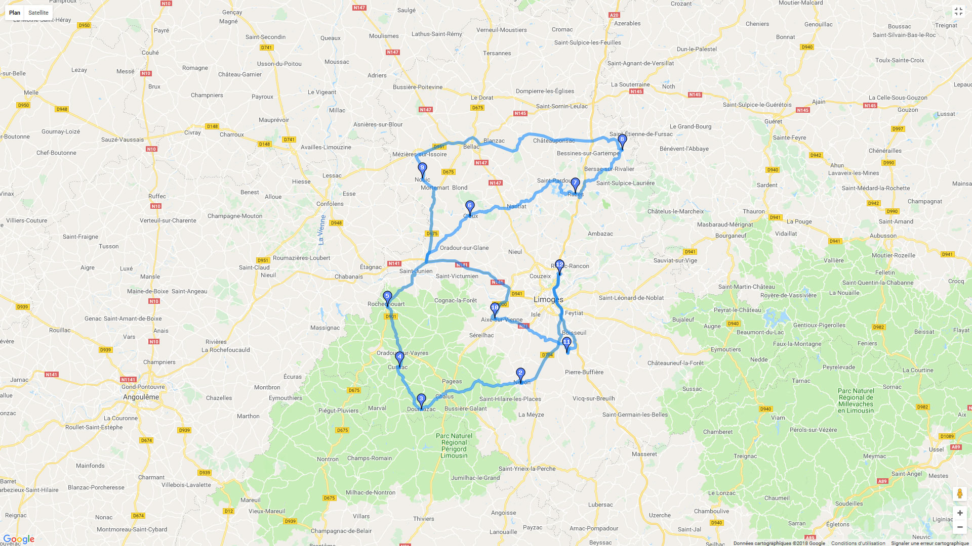 Pour zoomer sur la carte et avoir plus de détails, connectez-vous ! Carte roadbook La Haute Vienne et ses châteaux