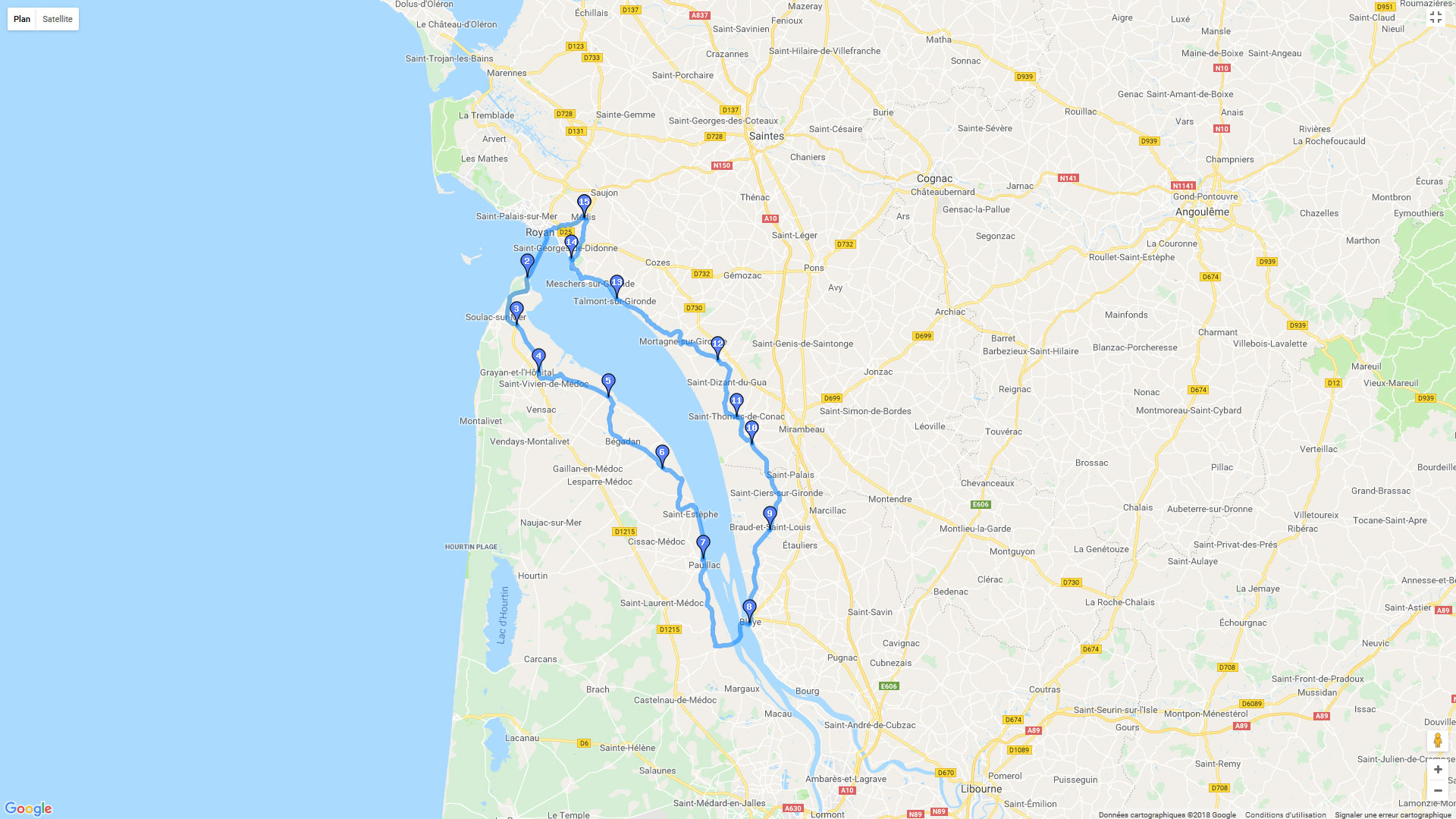 Pour zoomer sur la carte et avoir plus de détails, connectez-vous ! Carte roadbook L'estuaire de la Gironde