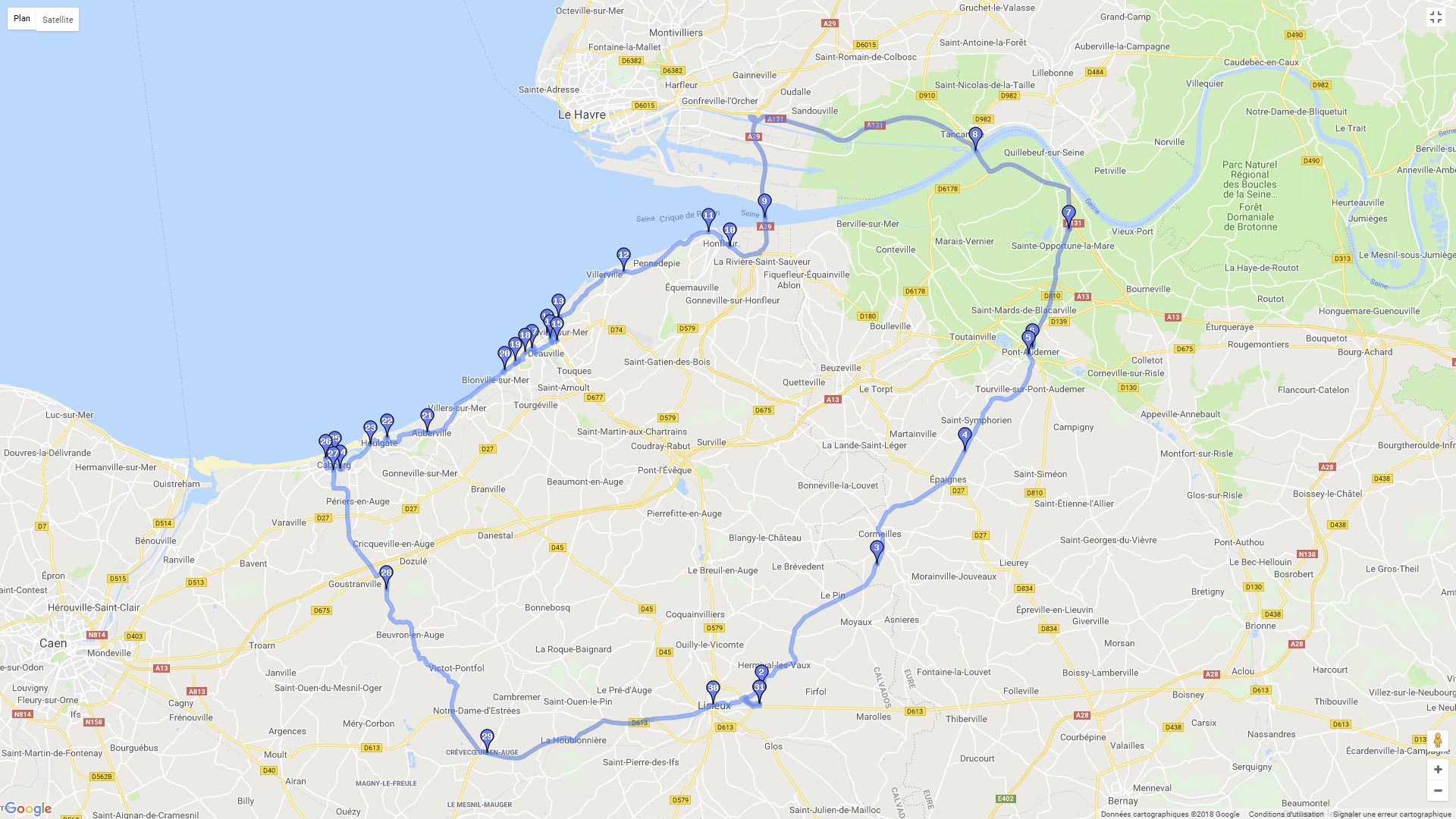 Pour zoomer sur la carte et avoir plus de détails, connectez-vous ! Carte roadbook Autour de Lisieux