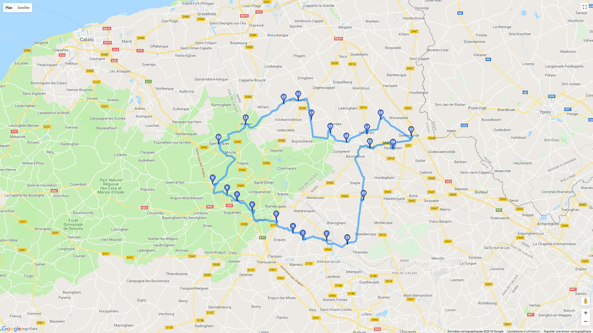 Pour zoomer sur la carte et avoir plus de détails, connectez-vous ! Carte roadbook Autour de l'Audomarois