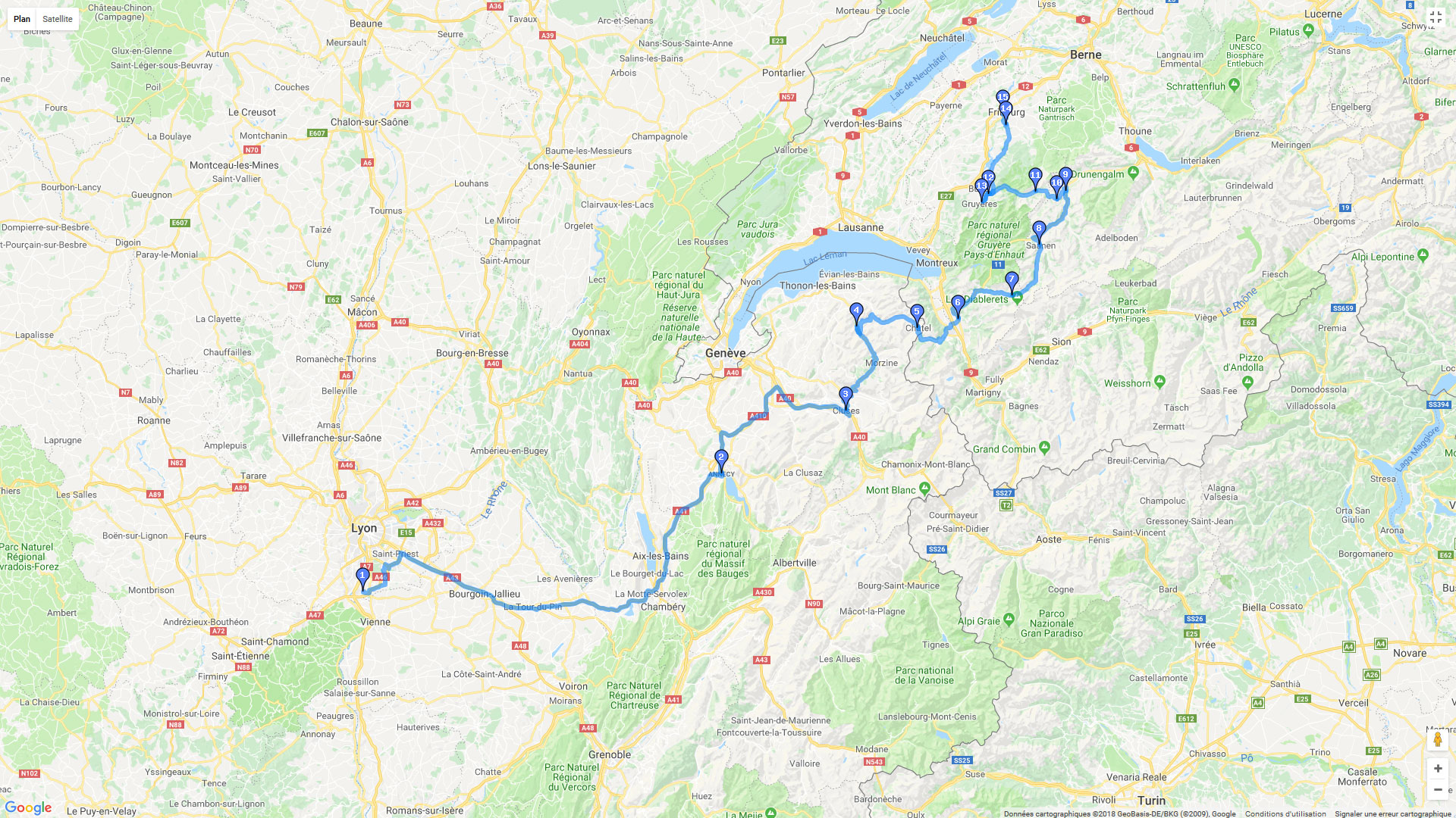Pour zoomer sur la carte et avoir plus de détails, connectez-vous ! Carte roadbook Les Alpes à moto - Jour1