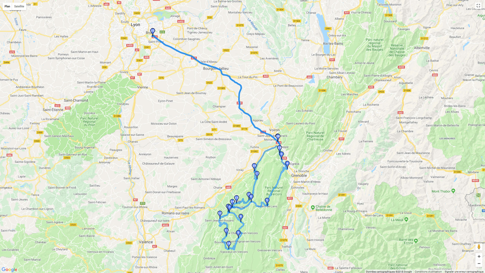 Pour zoomer sur la carte et avoir plus de détails, connectez-vous ! Carte roadbook Lyon - Vercors