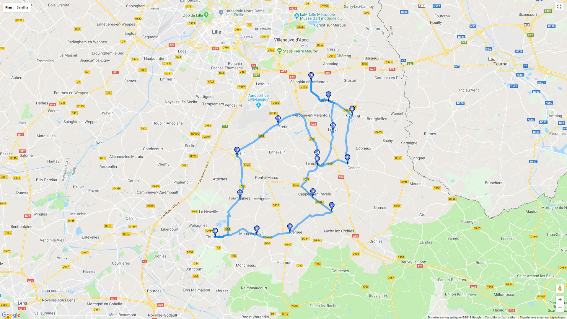 Pour zoomer sur la carte et avoir plus de détails, connectez-vous ! Carte roadbook Boucle au sud de Lille
