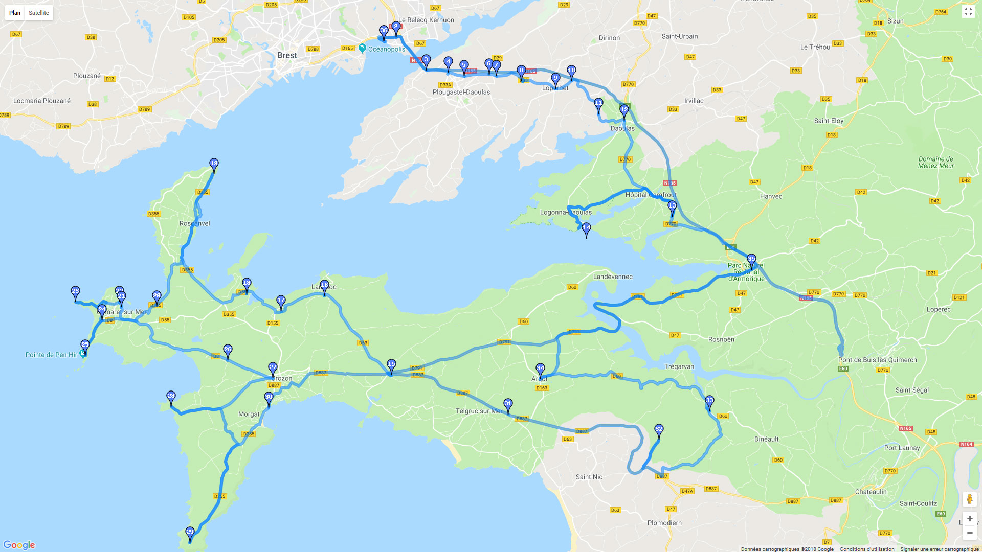 Pour zoomer sur la carte et avoir plus de détails, connectez-vous ! Carte roadbook Pointes et virage de la Prequ'ile de Crozon