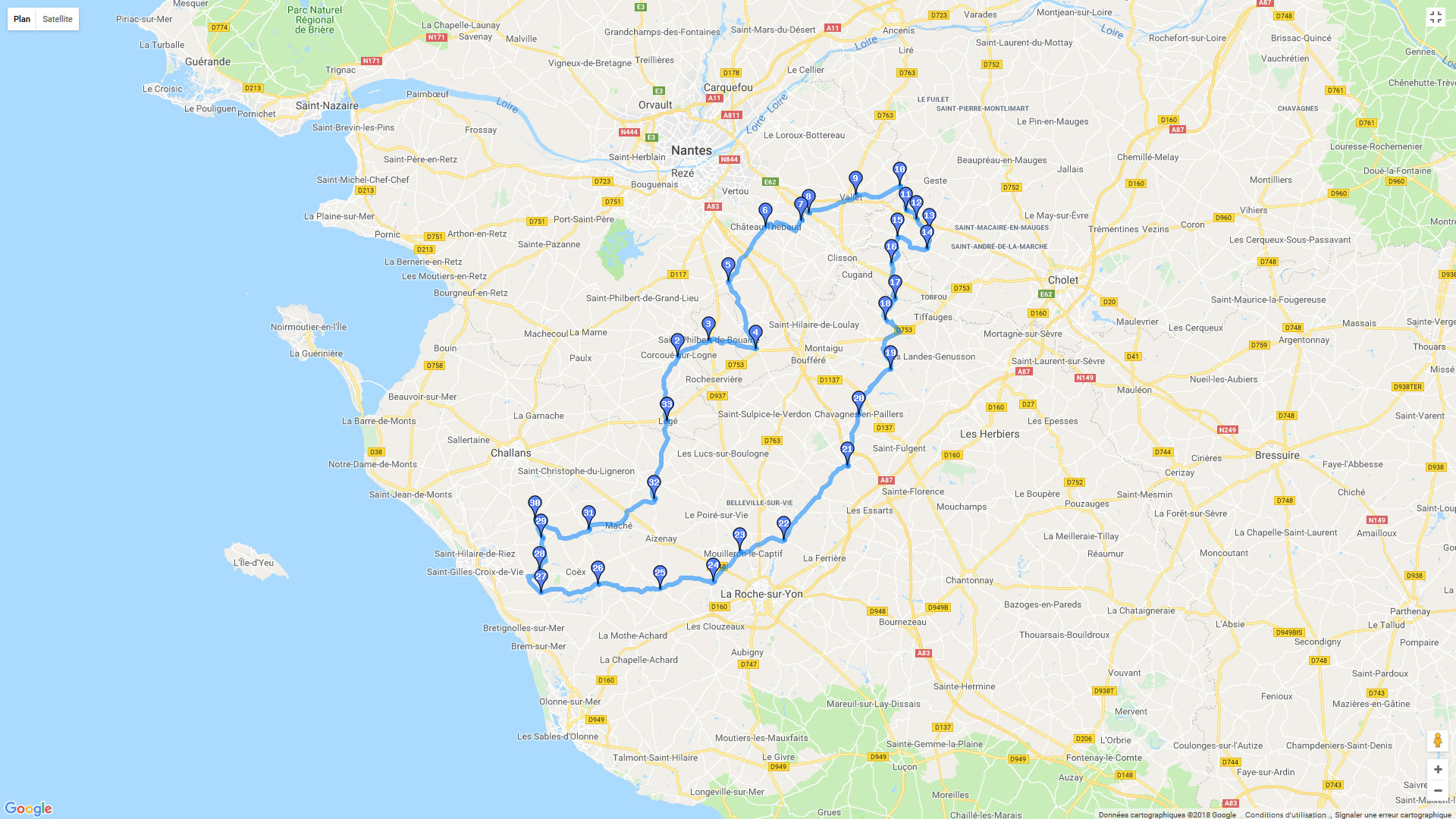 Pour zoomer sur la carte et avoir plus de détails, connectez-vous ! Carte roadbook Nord Vendée - Sud Loire