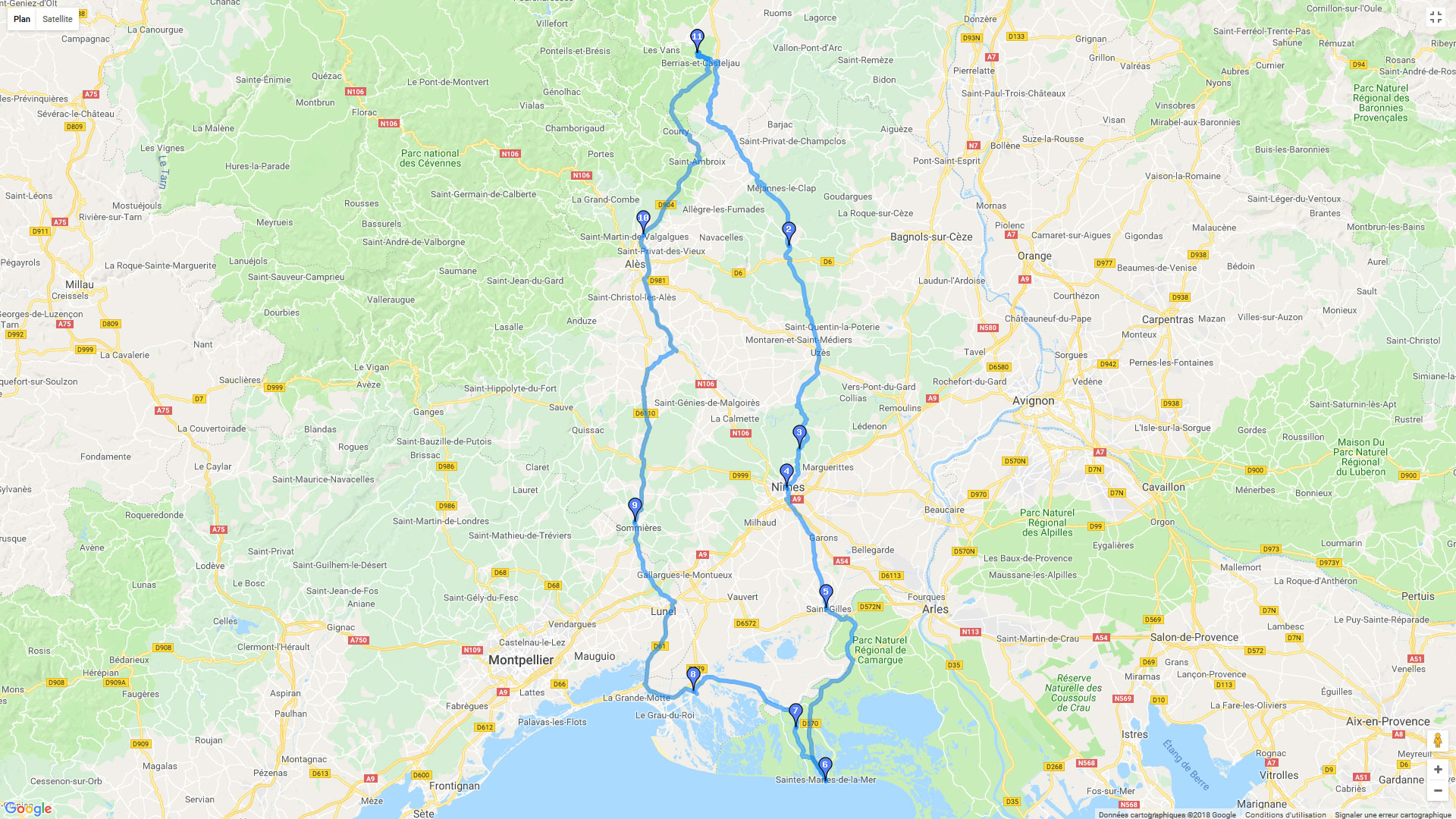 Pour zoomer sur la carte et avoir plus de détails, connectez-vous ! Carte roadbook Boucle de l'Ardèche à la Camargue