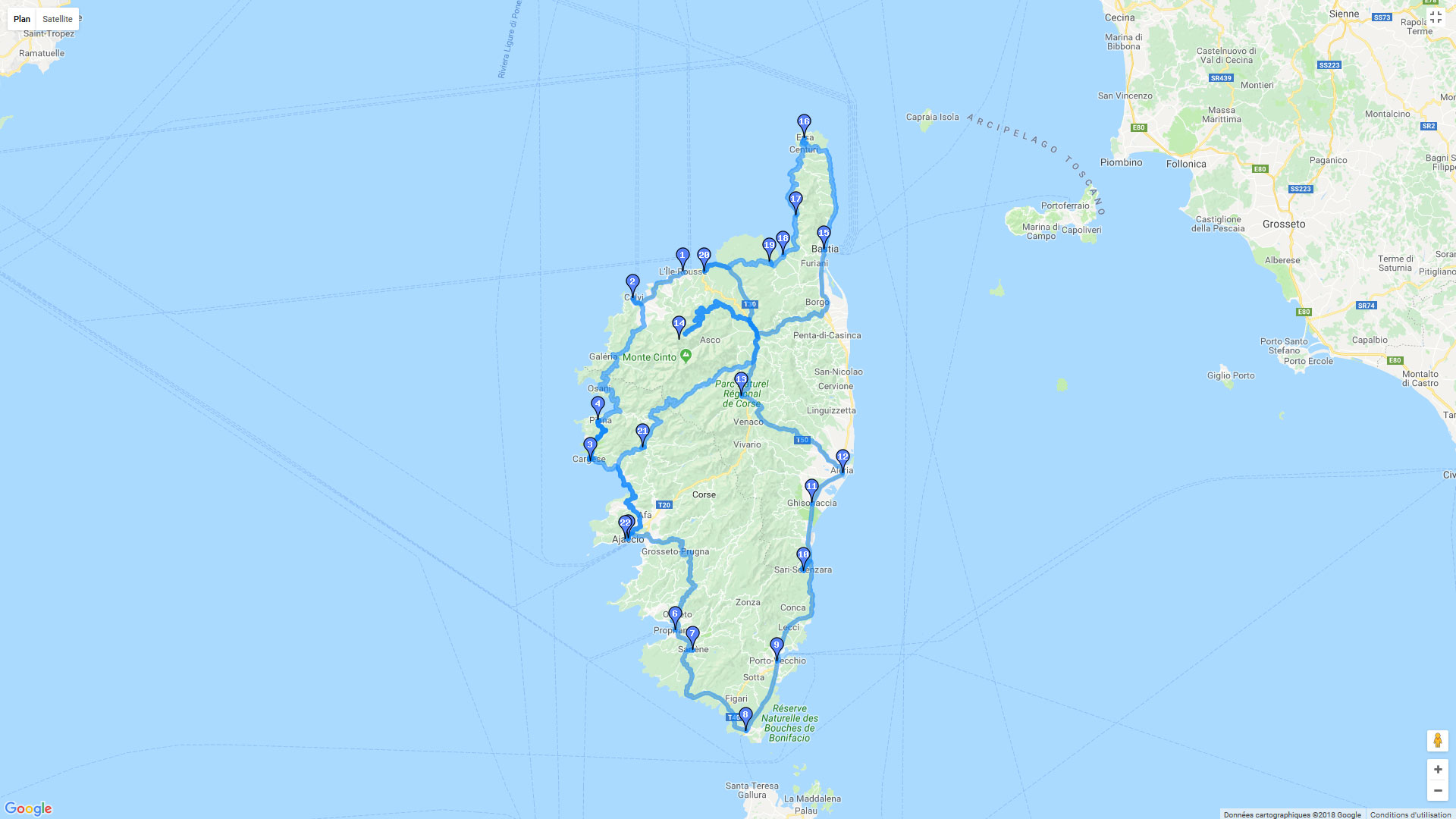 Pour zoomer sur la carte et avoir plus de détails, connectez-vous ! Carte roadbook 13 Jours en Corse