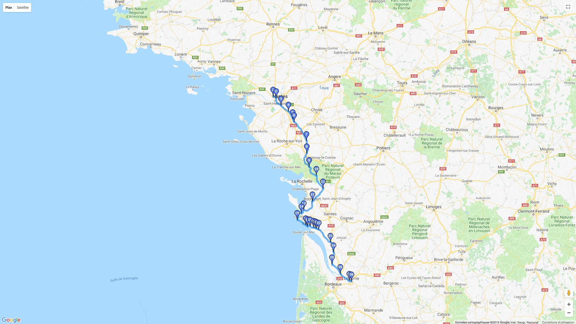 Pour zoomer sur la carte et avoir plus de détails, connectez-vous ! Carte roadbook Sautron / Libourne