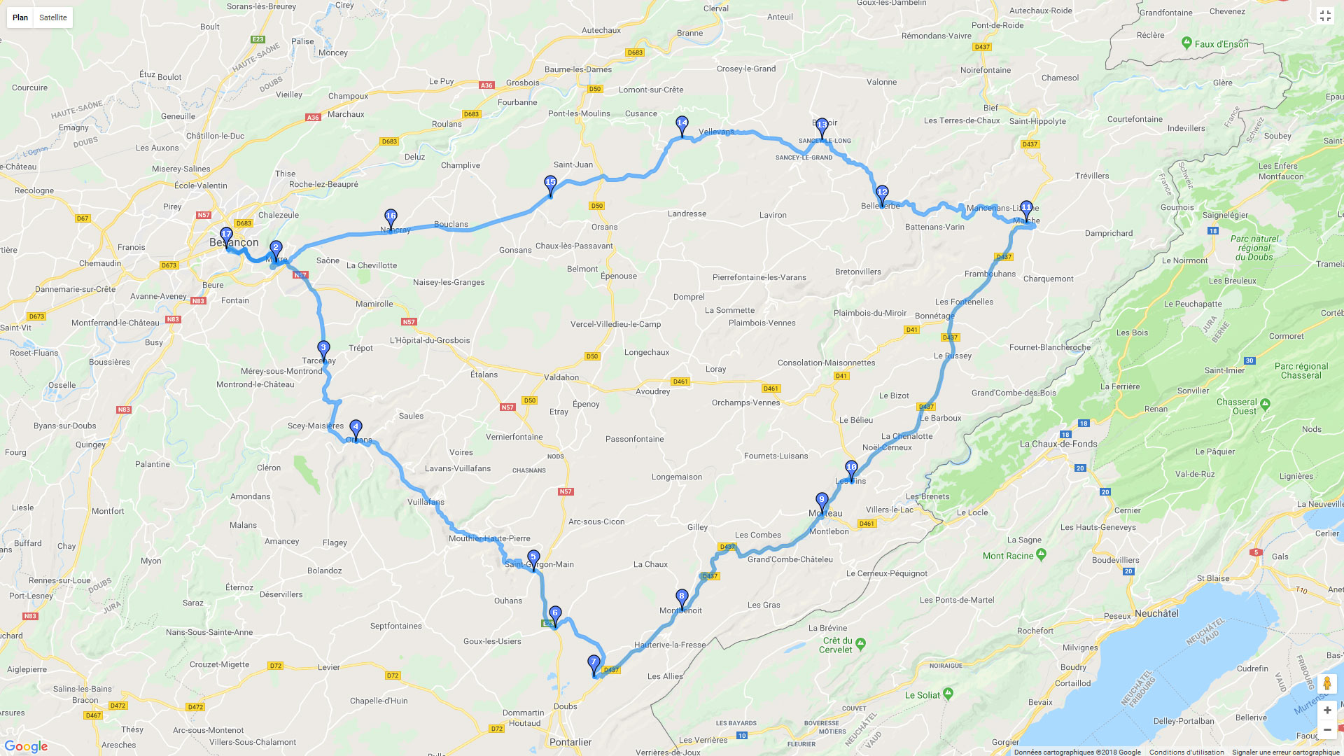 Pour zoomer sur la carte et avoir plus de détails, connectez-vous ! Carte roadbook Boucle Besançon - Morteau