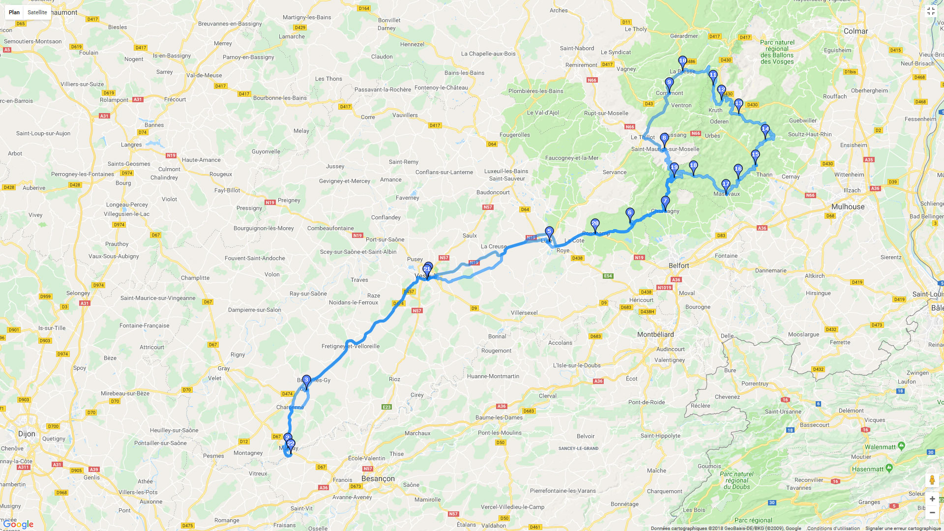 Pour zoomer sur la carte et avoir plus de détails, connectez-vous ! Carte roadbook Haute Saône et ballon d'Alsace