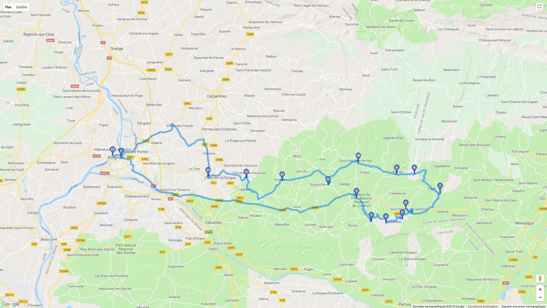 Pour zoomer sur la carte et avoir plus de détails, connectez-vous ! Carte roadbook De la sorgues au Lubéron