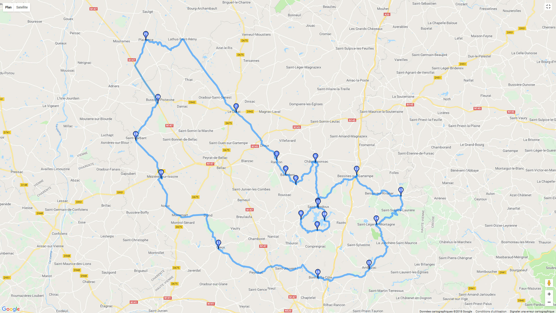 Pour zoomer sur la carte et avoir plus de détails, connectez-vous ! Carte roadbook Les monts de Haute Vienne