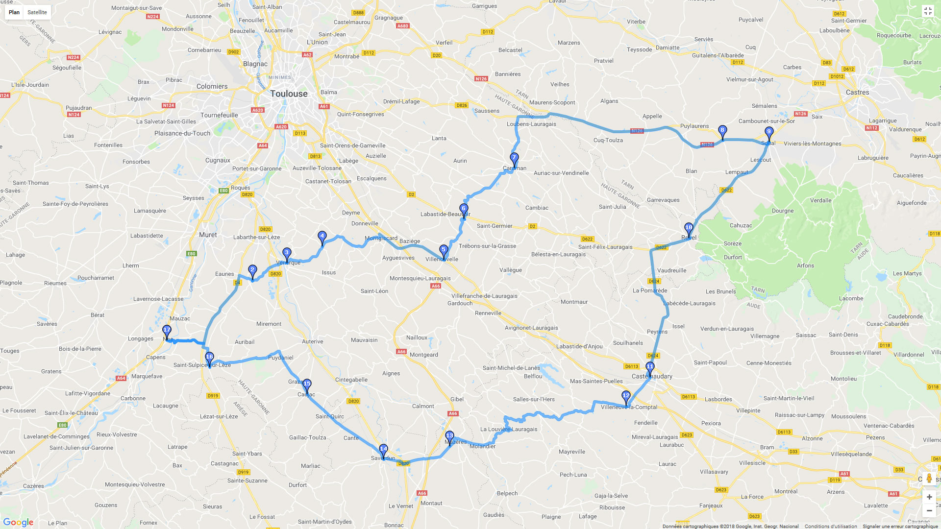 Pour zoomer sur la carte et avoir plus de détails, connectez-vous ! Carte roadbook De Noé (31) à Soual (81)
