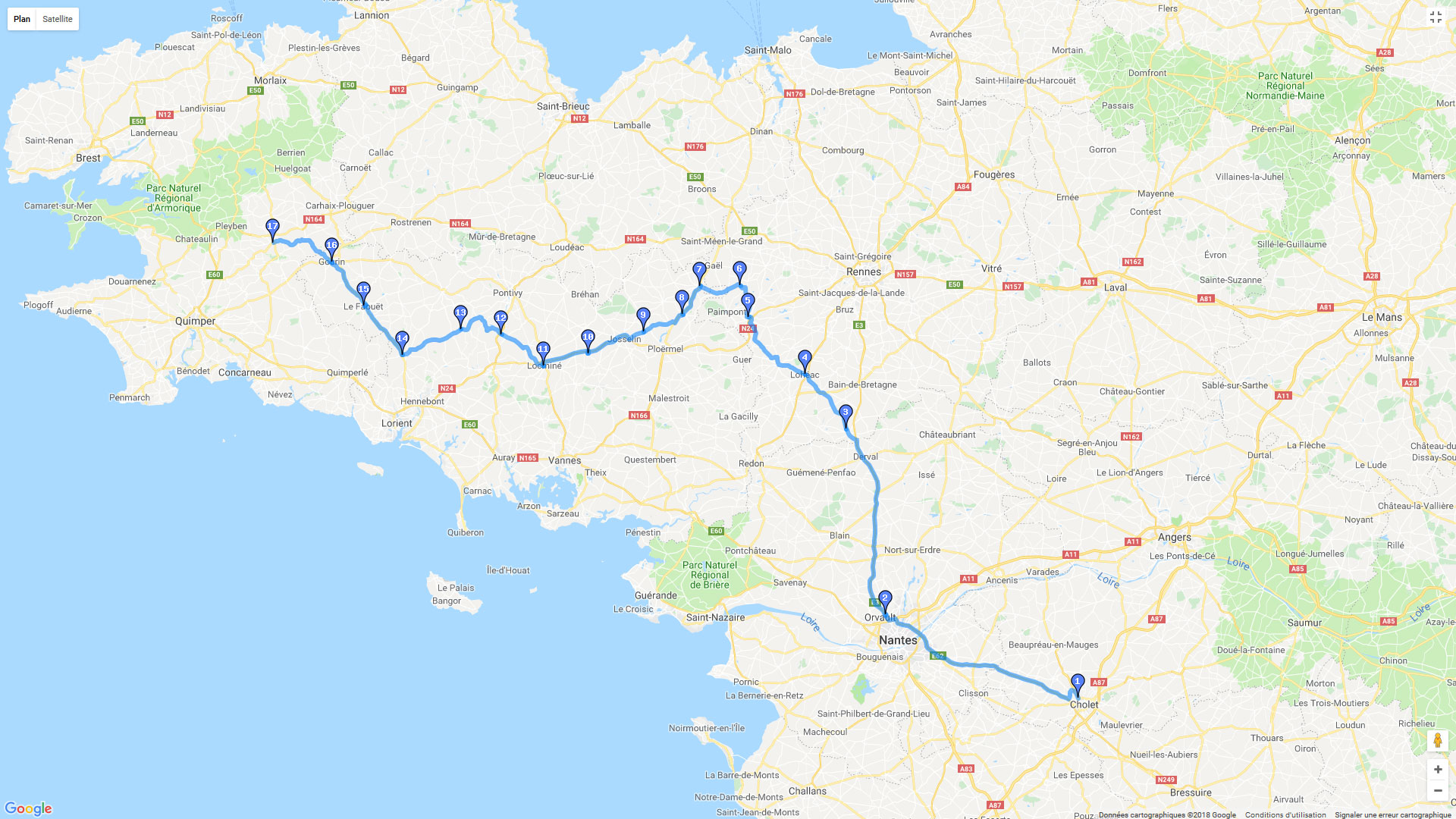 Pour zoomer sur la carte et avoir plus de détails, connectez-vous ! Carte roadbook Balade finistèriennes depuis Cholet