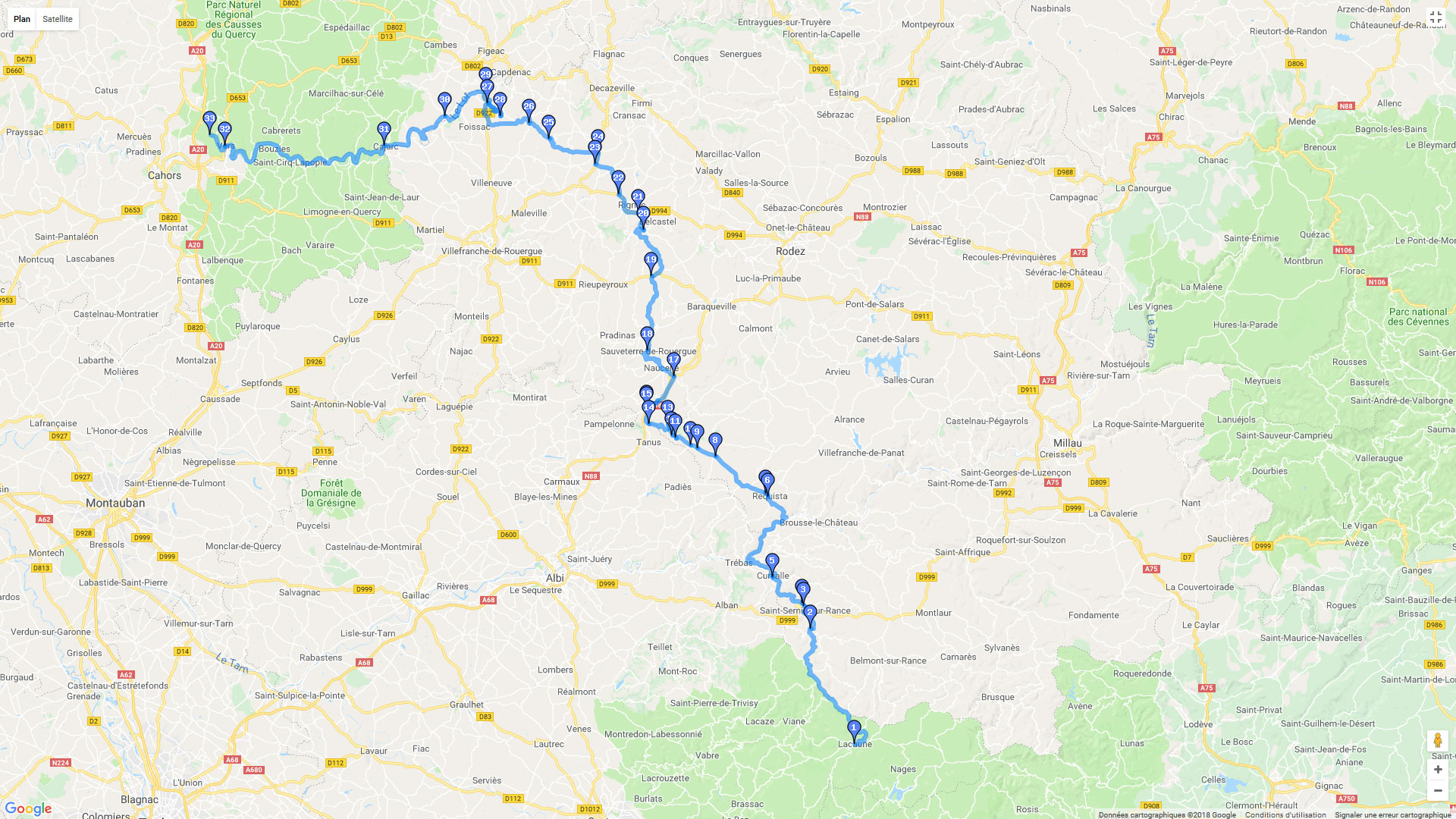 Pour zoomer sur la carte et avoir plus de détails, connectez-vous ! Carte roadbook De Lacaune à Cahors