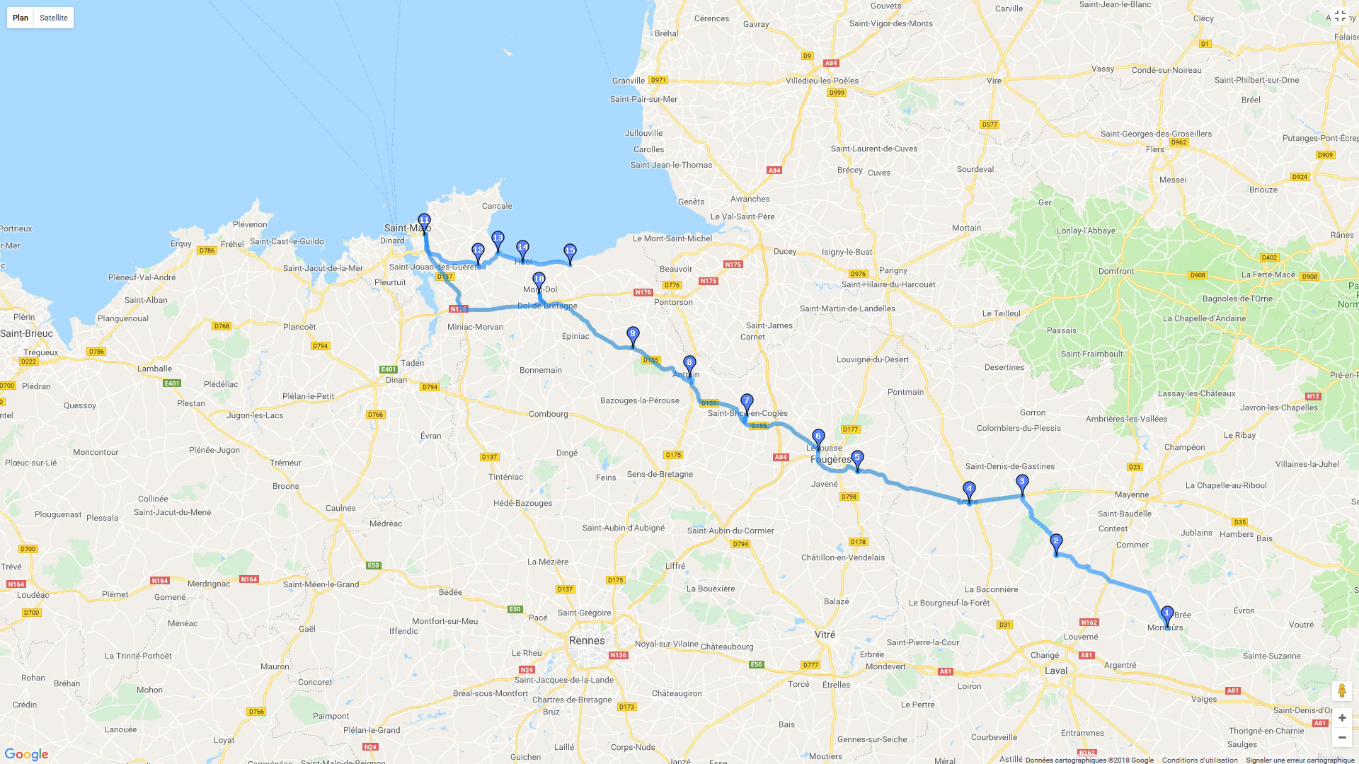 Pour zoomer sur la carte et avoir plus de détails, connectez-vous ! Carte roadbook Laval - Saint Malo