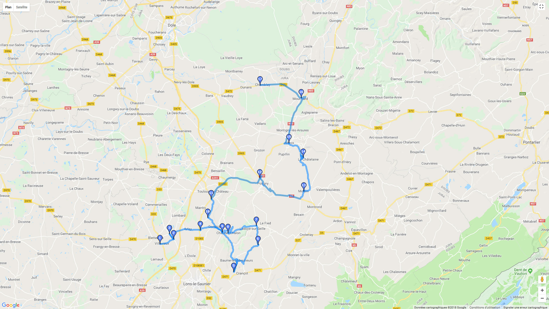 Pour zoomer sur la carte et avoir plus de détails, connectez-vous ! Carte roadbook Cascade et vignobles du Jura