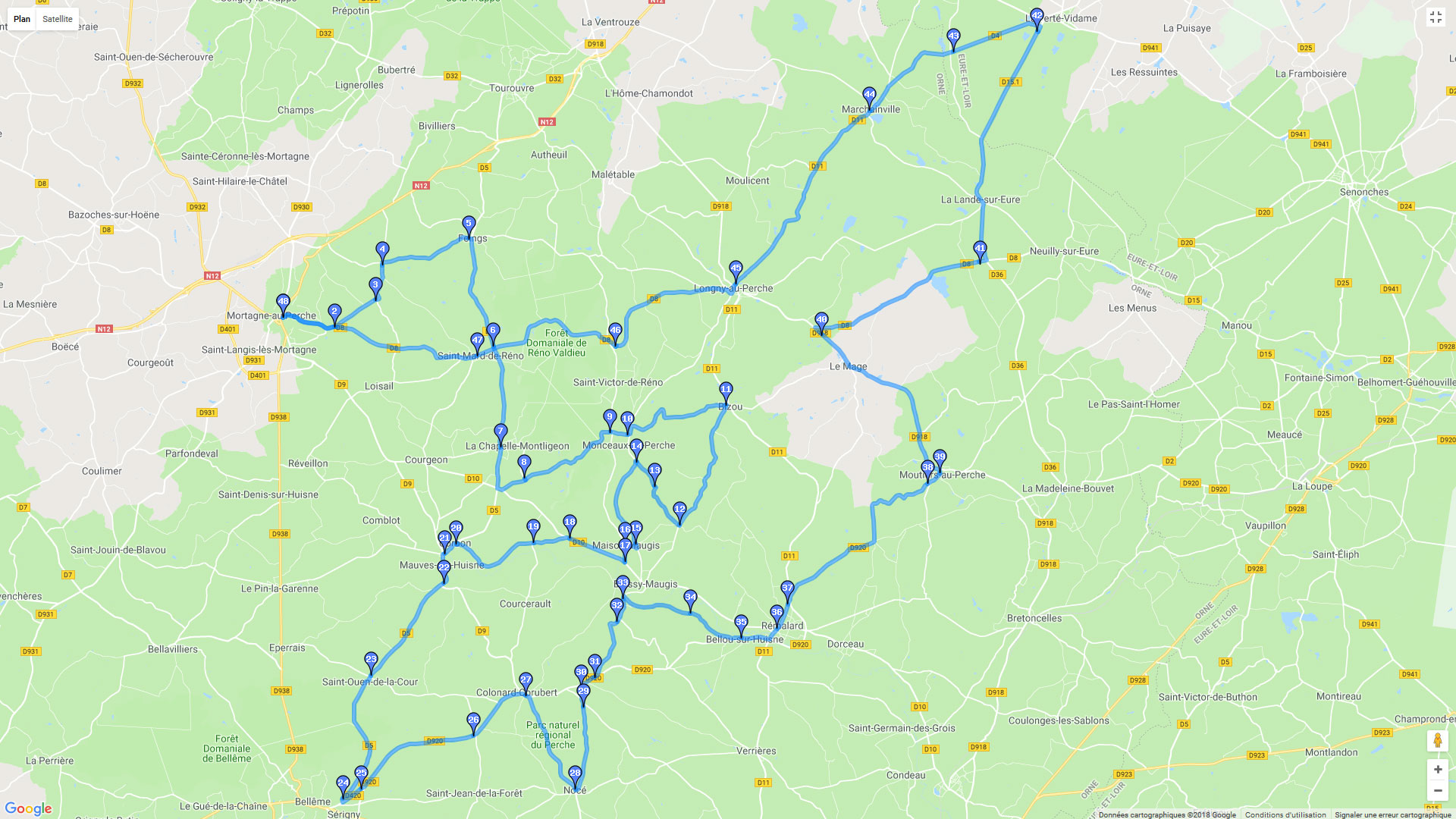 Pour zoomer sur la carte et avoir plus de détails, connectez-vous ! Carte roadbook Balade dans le Perche - Version courte