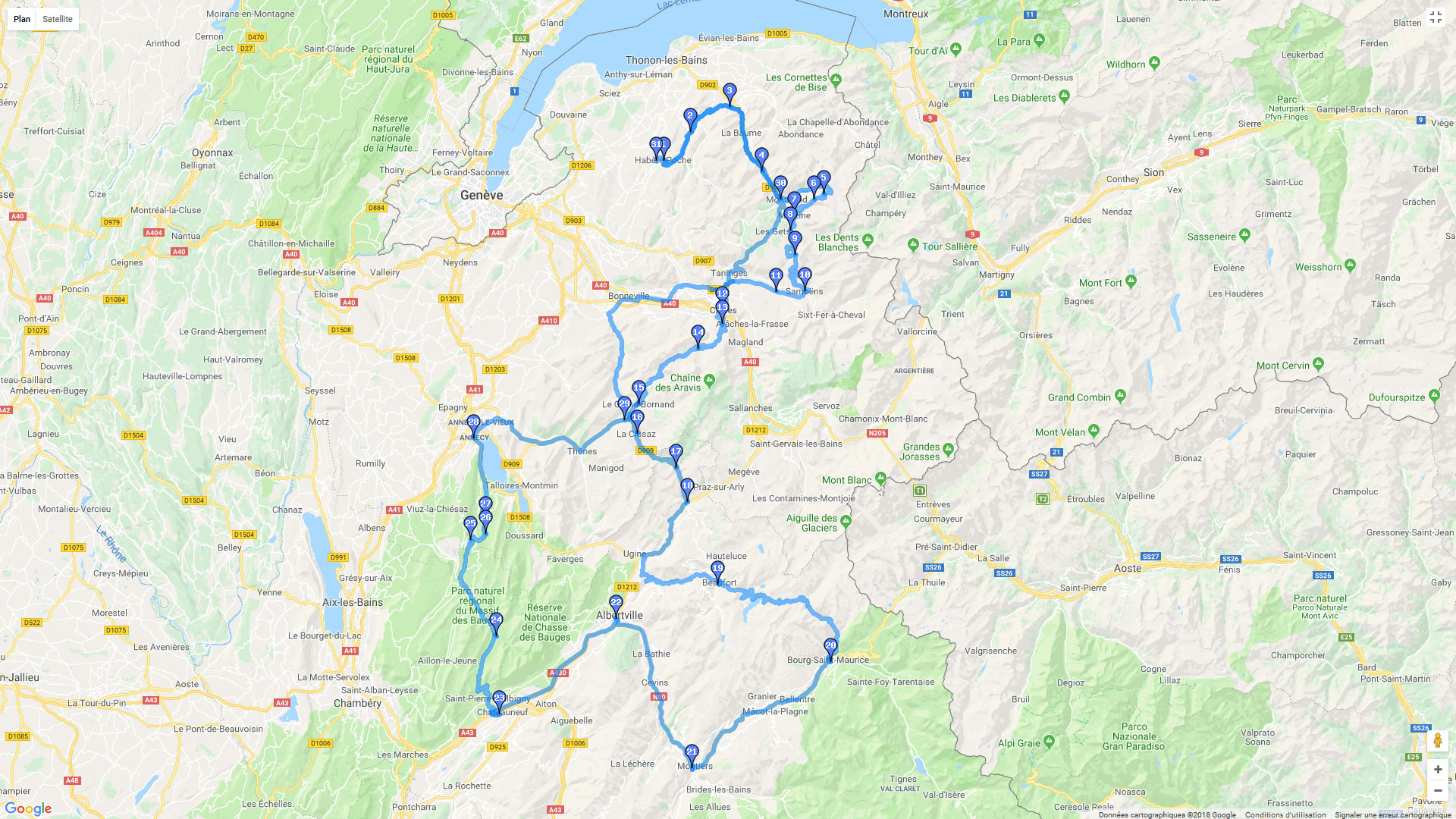 Pour zoomer sur la carte et avoir plus de détails, connectez-vous ! Carte roadbook Aux alentours d'Annecy
