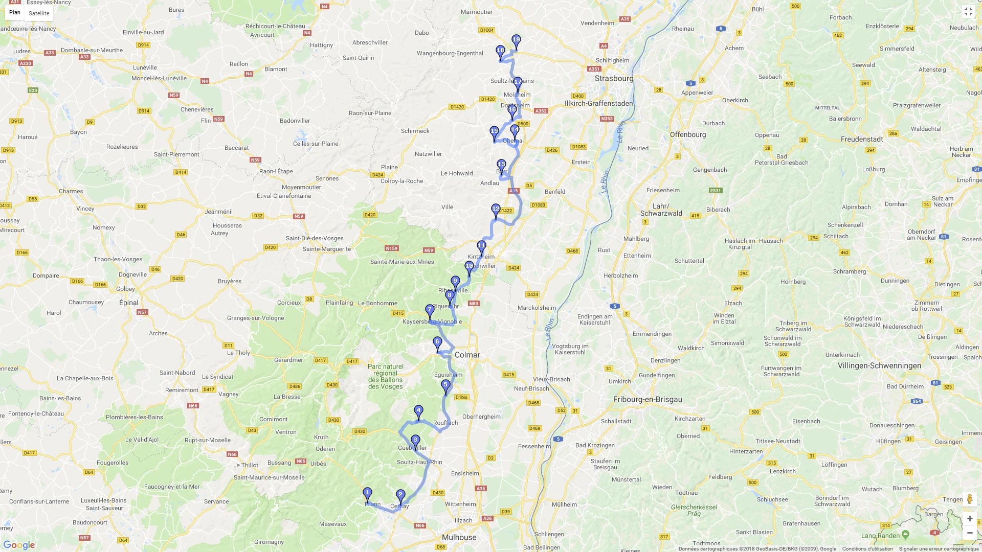 Pour zoomer sur la carte et avoir plus de détails, connectez-vous ! Carte roadbook La route des Vins d'Alsace