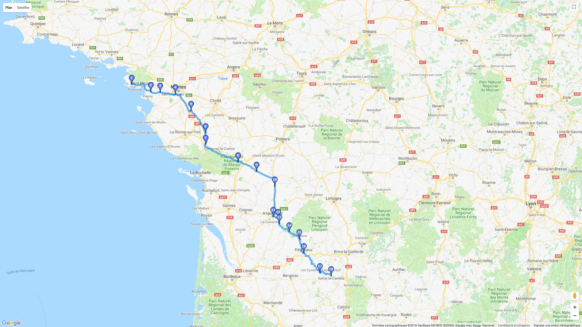 Pour zoomer sur la carte et avoir plus de détails, connectez-vous ! Carte roadbook Route pour aller à Sarlat