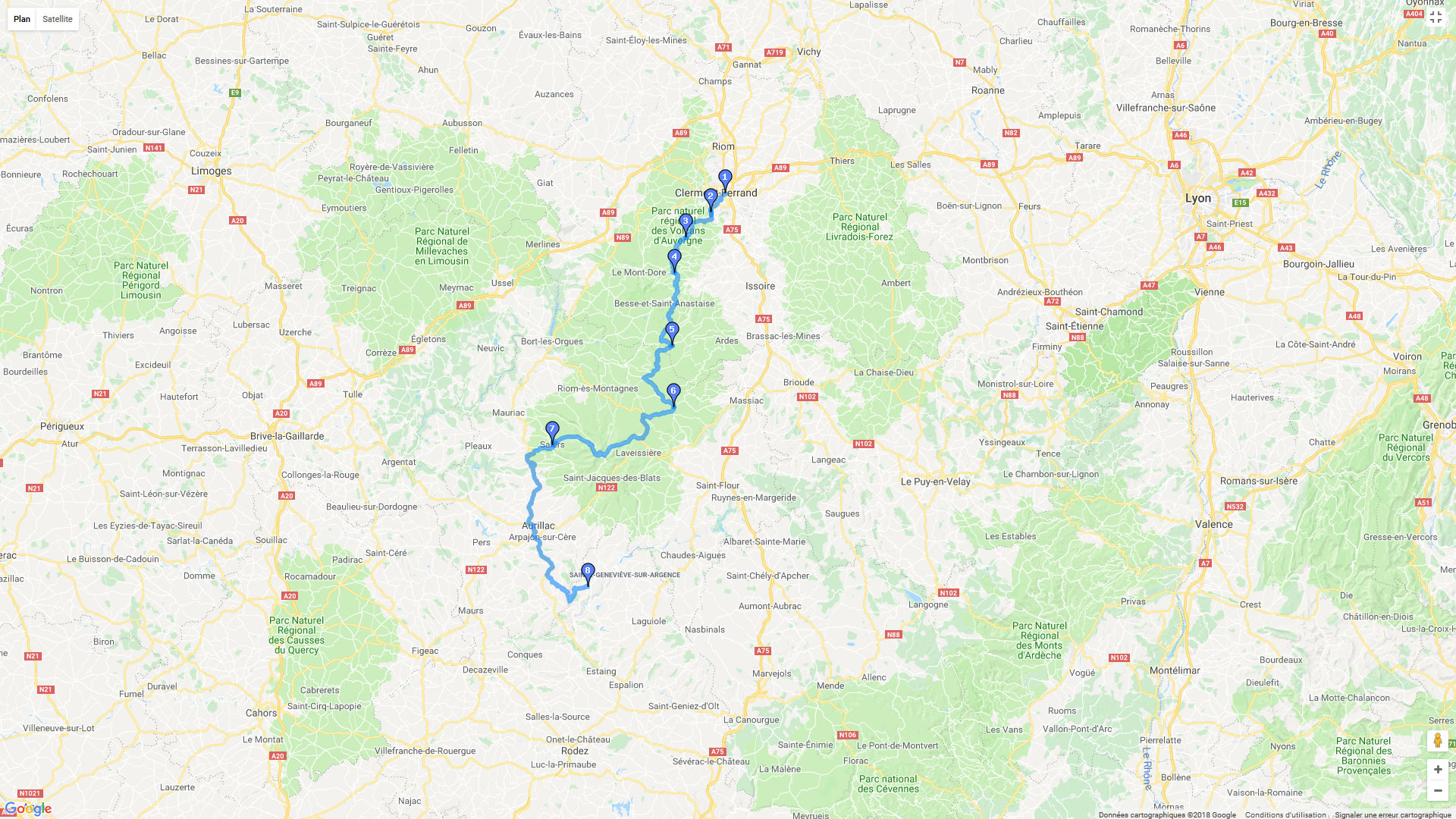 Pour zoomer sur la carte et avoir plus de détails, connectez-vous ! Carte roadbook A travers les volcans d'Auvergne