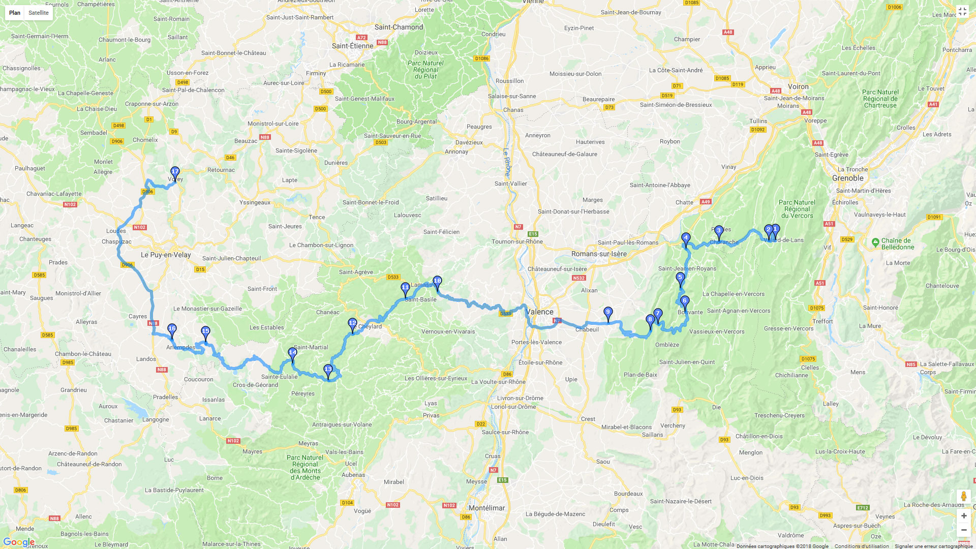 Pour zoomer sur la carte et avoir plus de détails, connectez-vous ! Carte roadbook De Villard de Lans au Puy en Velay