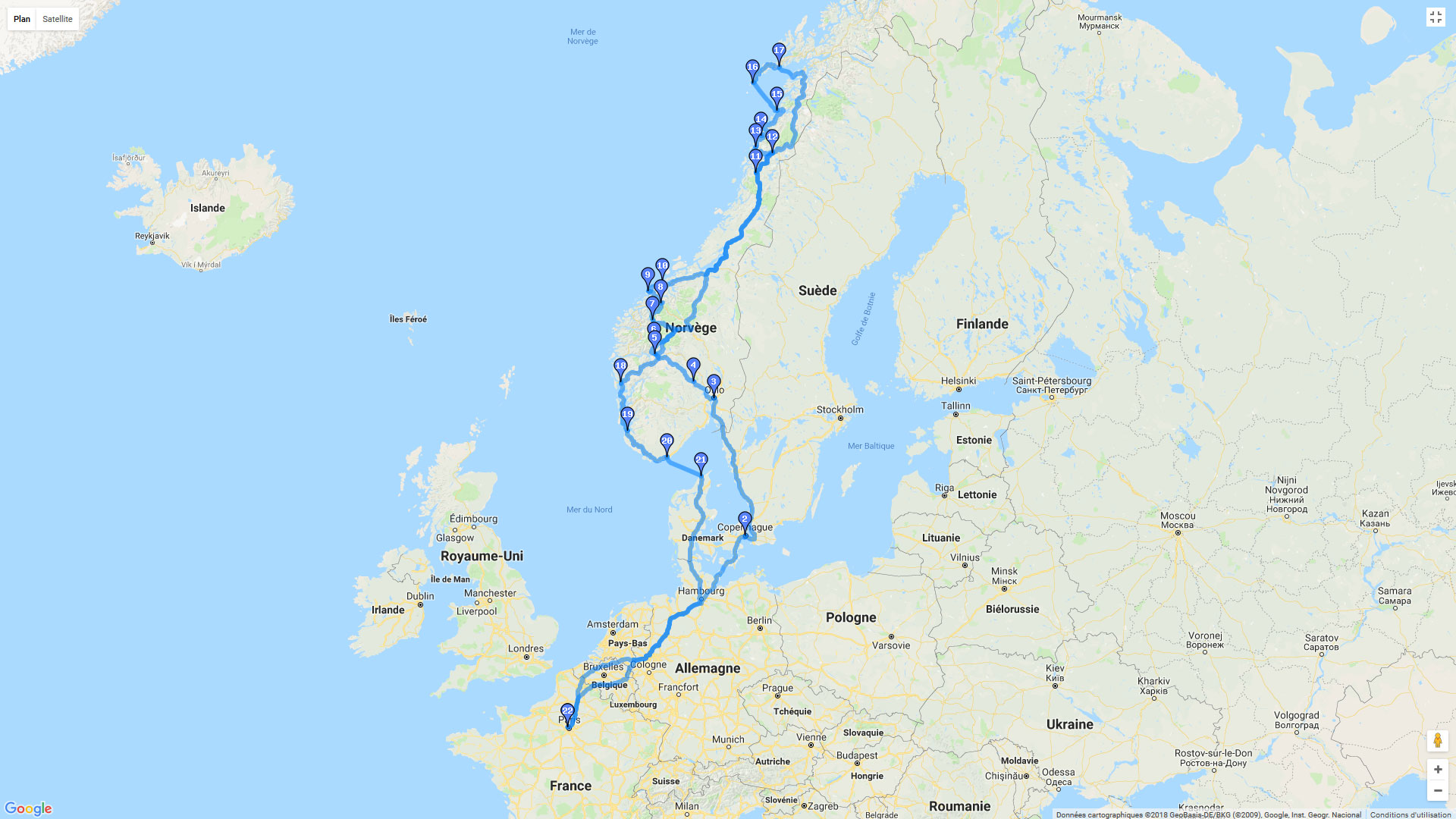 Pour zoomer sur la carte et avoir plus de détails, connectez-vous ! Carte roadbook La Norvège jusqu'aux iles Lofoten